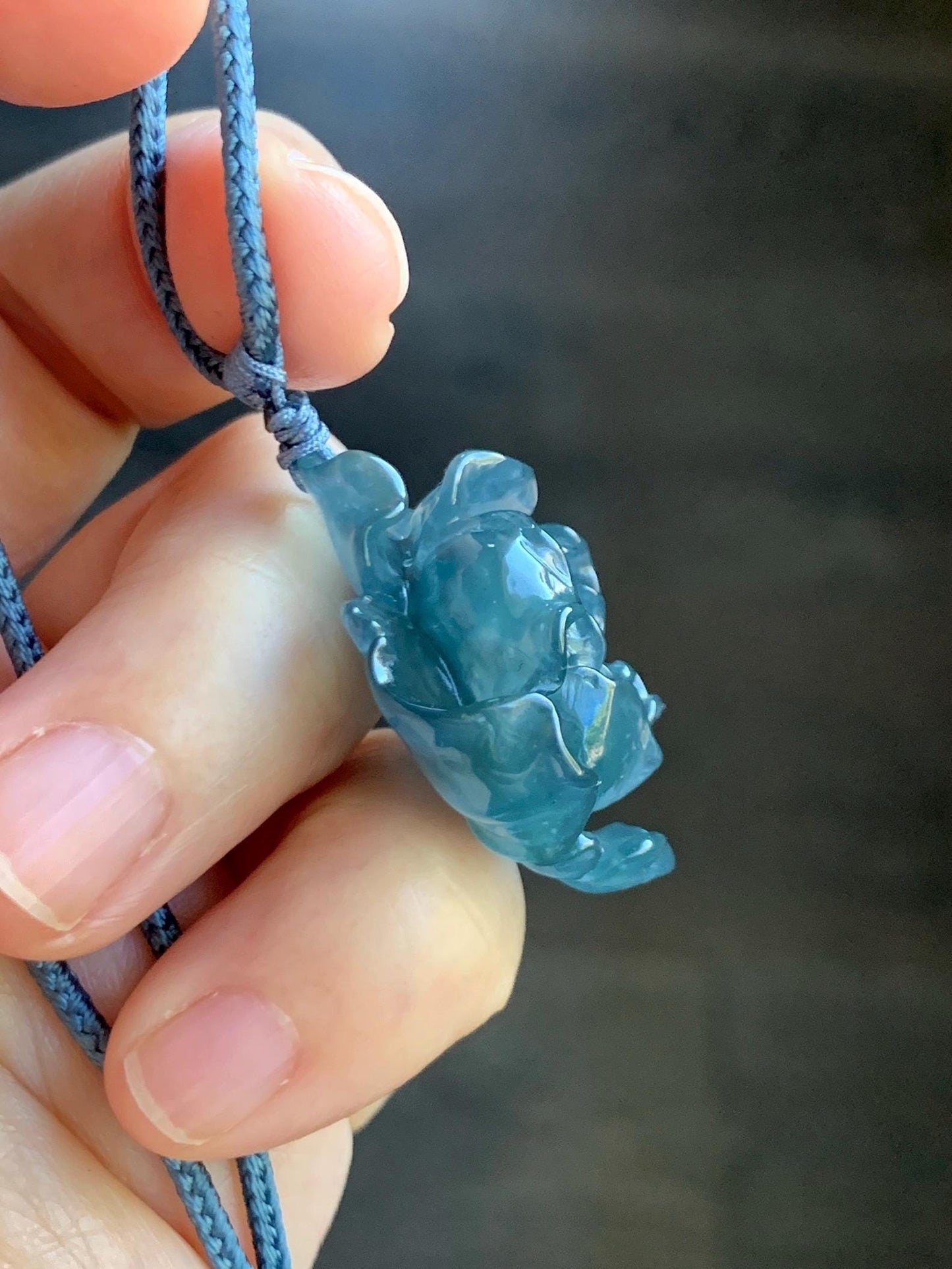 Natural Grade A Guatemalan Icy Highly Translucent Dark Aegean Blue Jade Jadeite Peony Flower Pendant Rope Necklace 25” 天然冰危深蓝翡翠牡丹花吊坠挂件NZL271