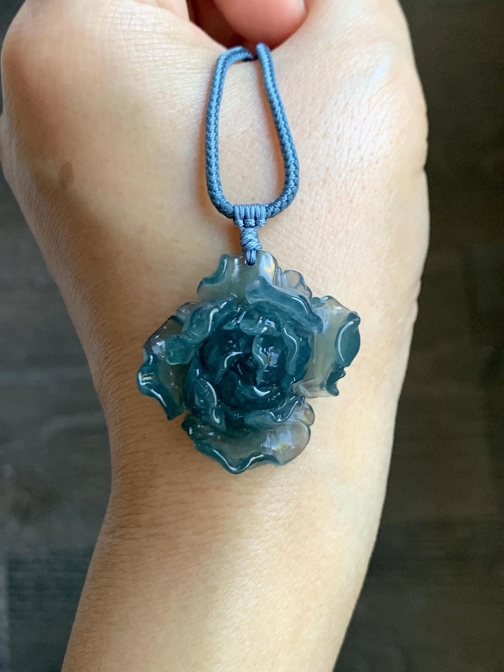 Natural Grade A Guatemalan Icy Highly Translucent Dark Aegean Blue Jade Jadeite Peony Flower Pendant Rope Necklace 25” 天然冰危深蓝翡翠牡丹花吊坠挂件NZL271