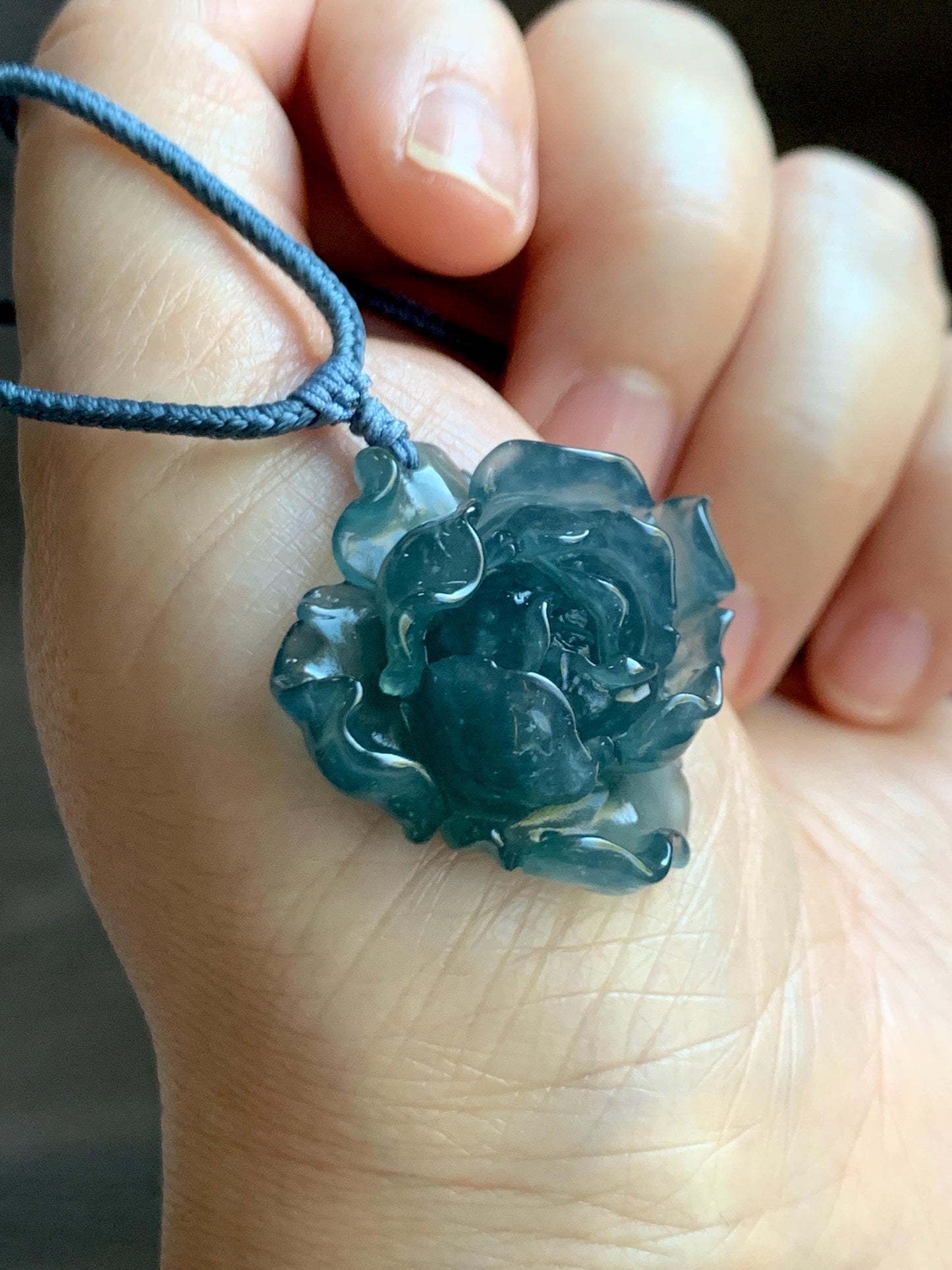 Natural Grade A Guatemalan Icy Highly Translucent Dark Aegean Blue Jade Jadeite Peony Flower Pendant Rope Necklace 25” 天然冰危深蓝翡翠牡丹花吊坠挂件NZL271
