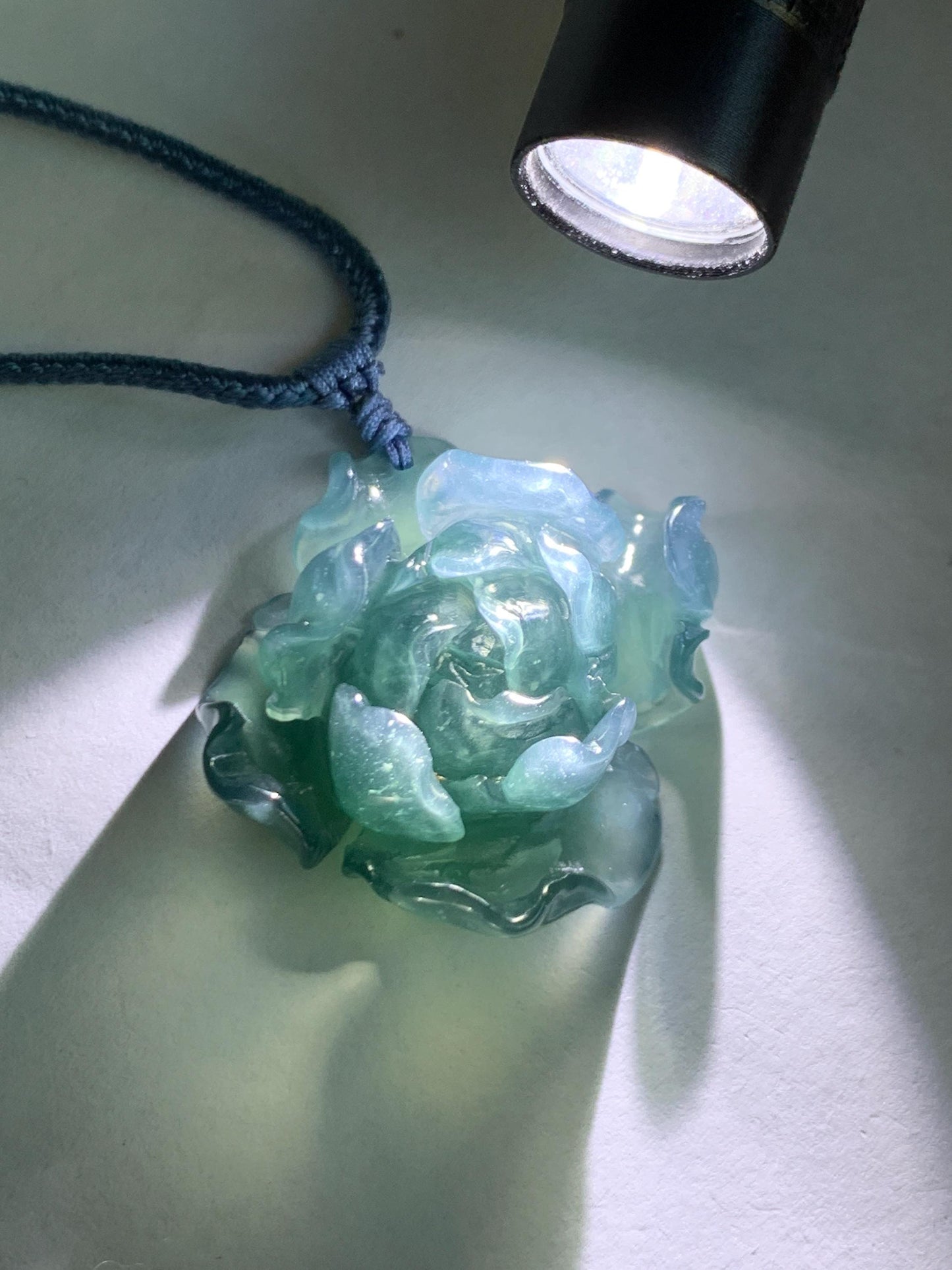 Natural Grade A Guatemalan Icy Highly Translucent Dark Aegean Blue Jade Jadeite Peony Flower Pendant Rope Necklace 25” 天然冰危深蓝翡翠牡丹花吊坠挂件NZL271
