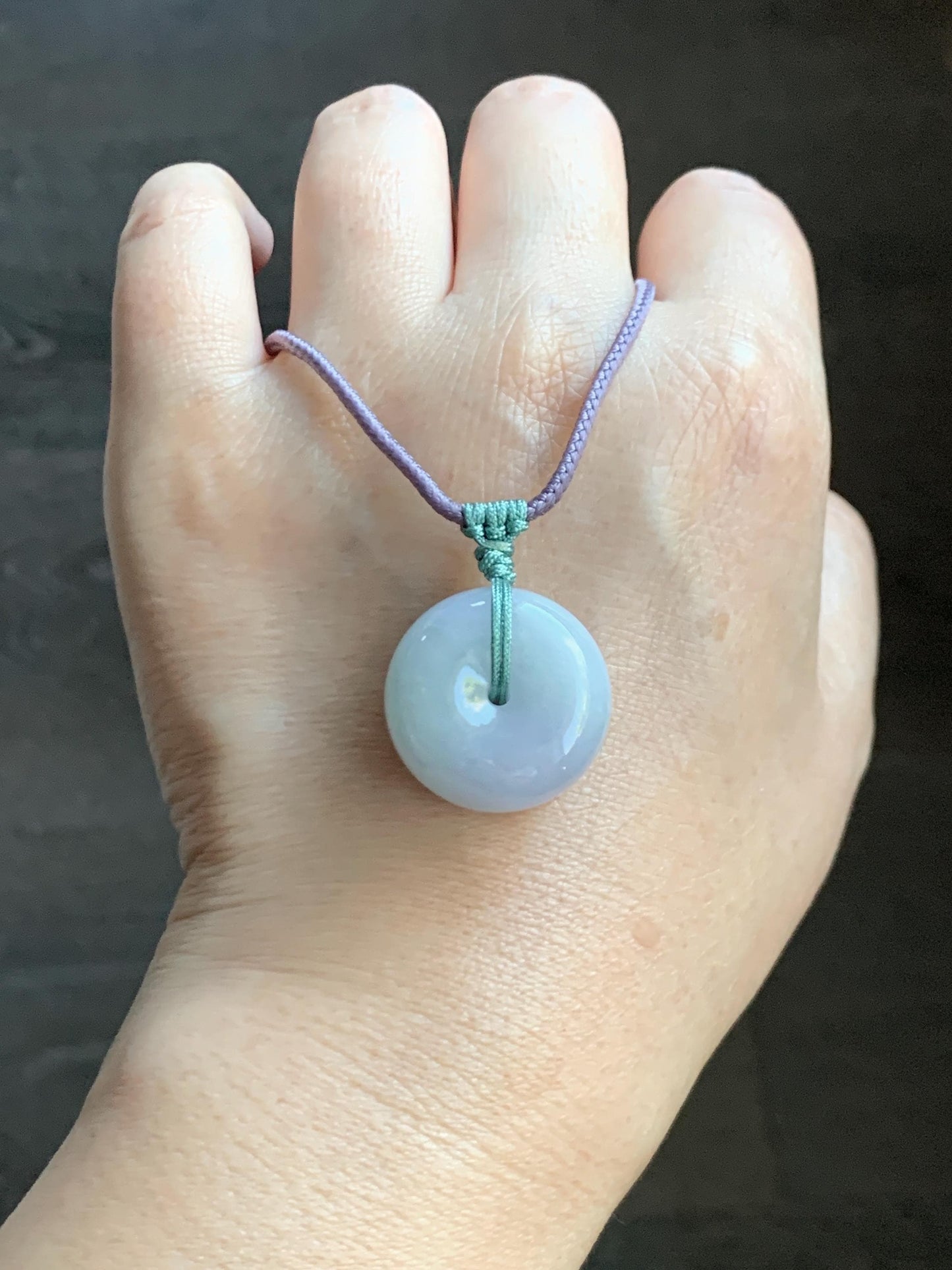 Natural Grade A Icy Translucent Pastel Purple Green Spring Color Jadeite Ping An Kou Donut Pendant Rope Necklace 25” 天然冰淡春彩翡翠平安扣吊坠项链 CHC203A