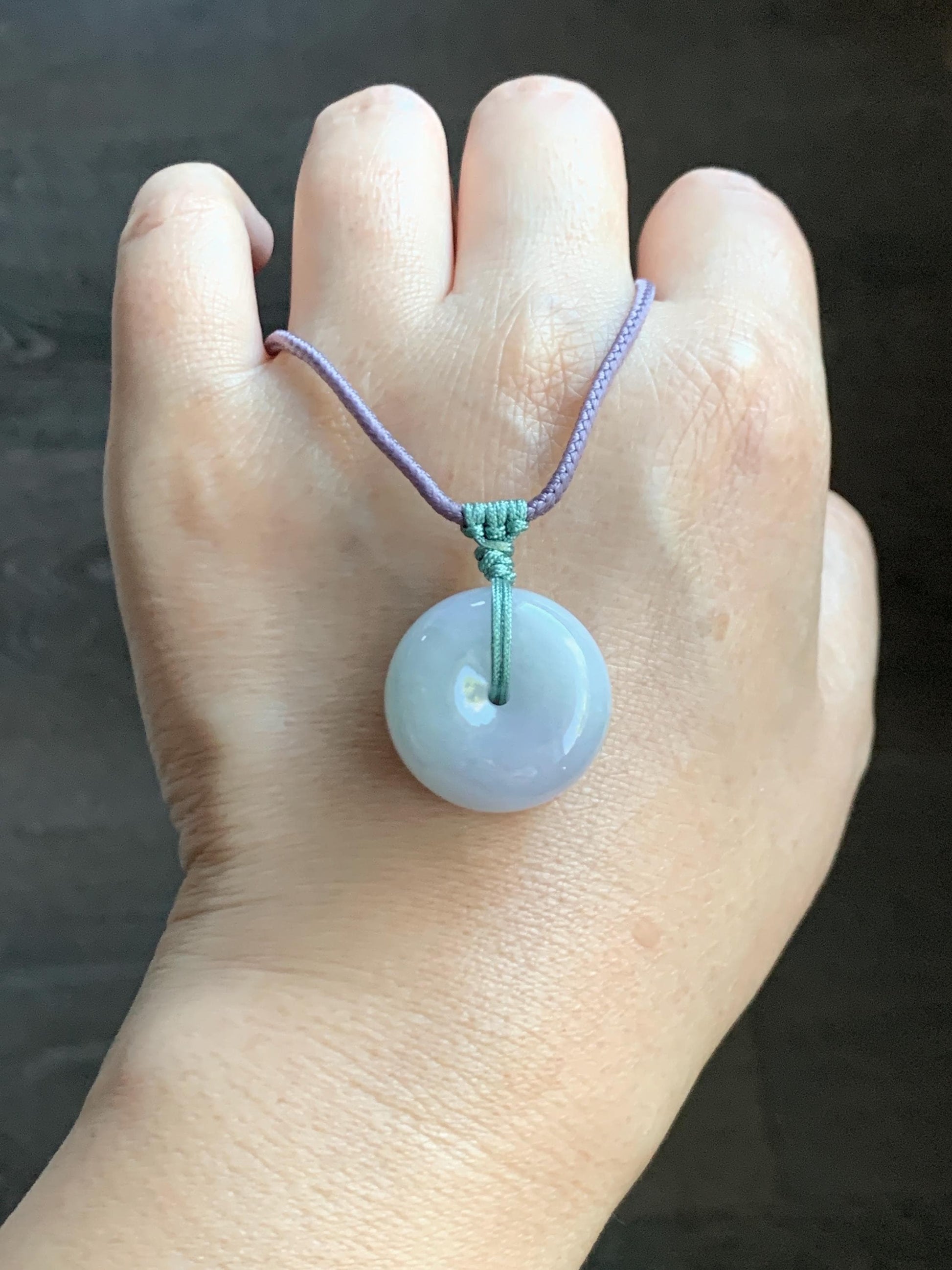 Natural Grade A Icy Translucent Pastel Purple Green Spring Color Jadeite Ping An Kou Donut Pendant Rope Necklace 25” 天然冰淡春彩翡翠平安扣吊坠项链 CHC203A