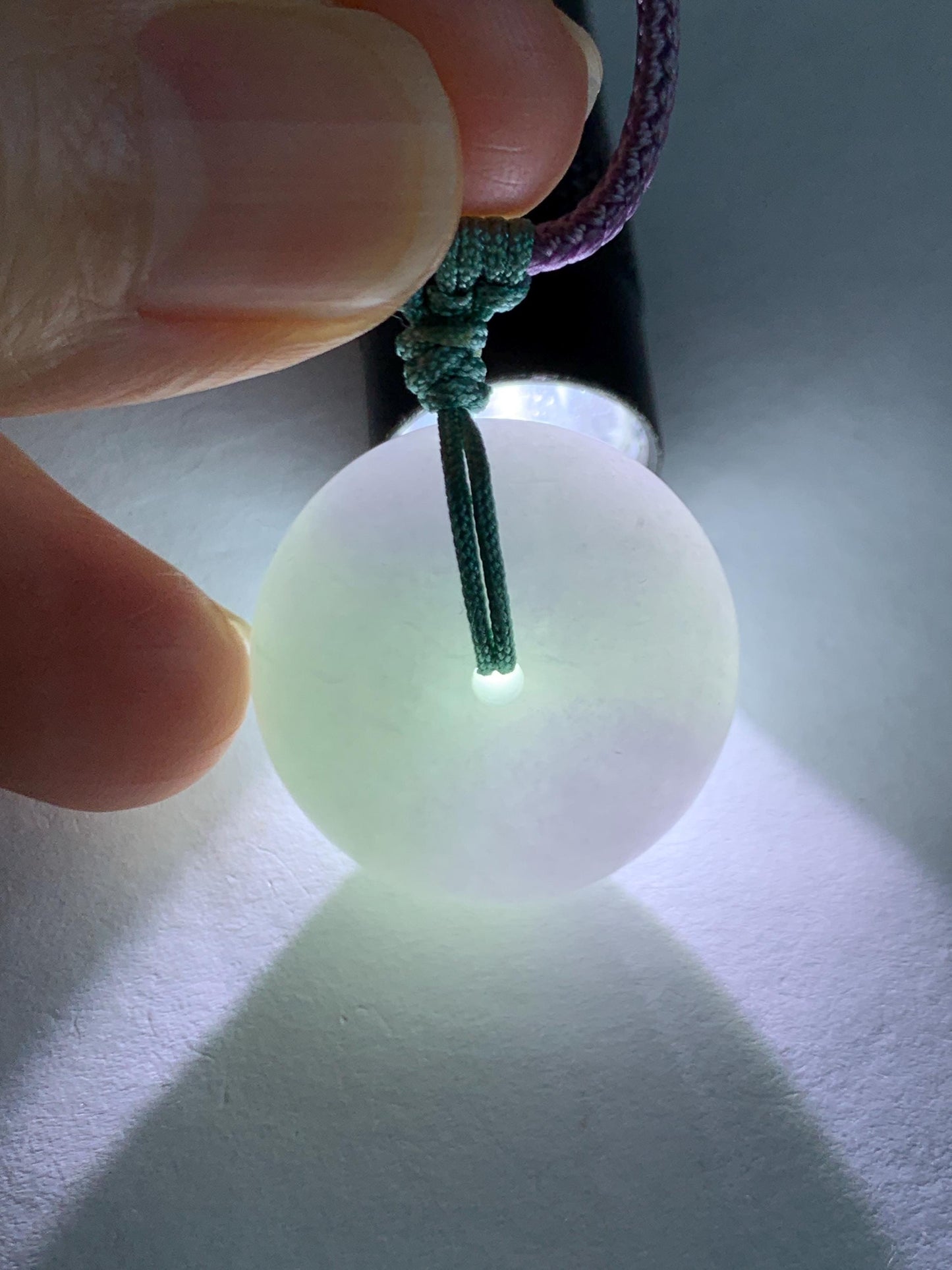 Natural Grade A Icy Translucent Pastel Purple Green Spring Color Jadeite Ping An Kou Donut Pendant Rope Necklace 25” 天然冰淡春彩翡翠平安扣吊坠项链 CHC203A
