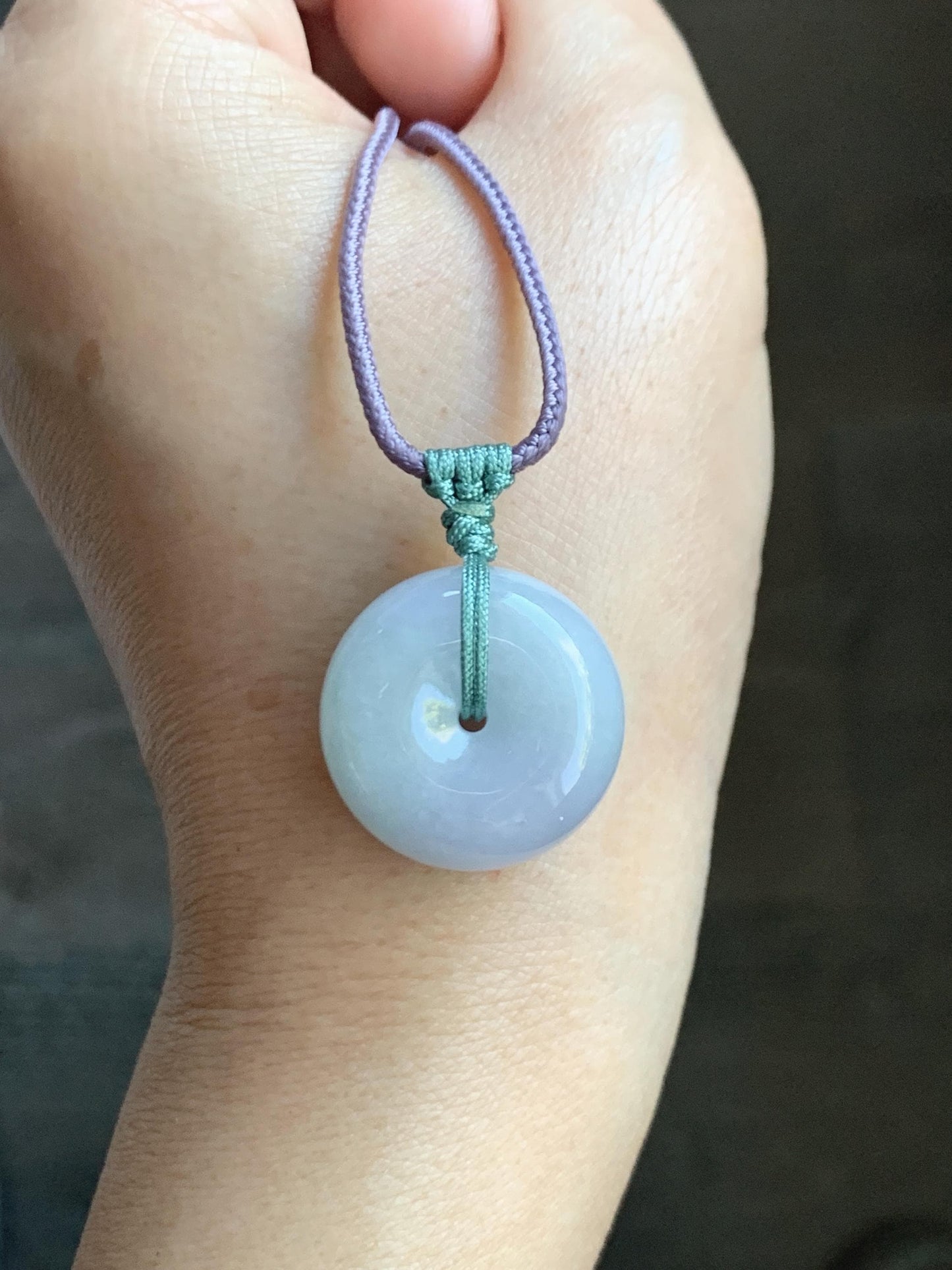 Natural Grade A Icy Translucent Pastel Purple Green Spring Color Jadeite Ping An Kou Donut Pendant Rope Necklace 25” 天然冰淡春彩翡翠平安扣吊坠项链 CHC203A