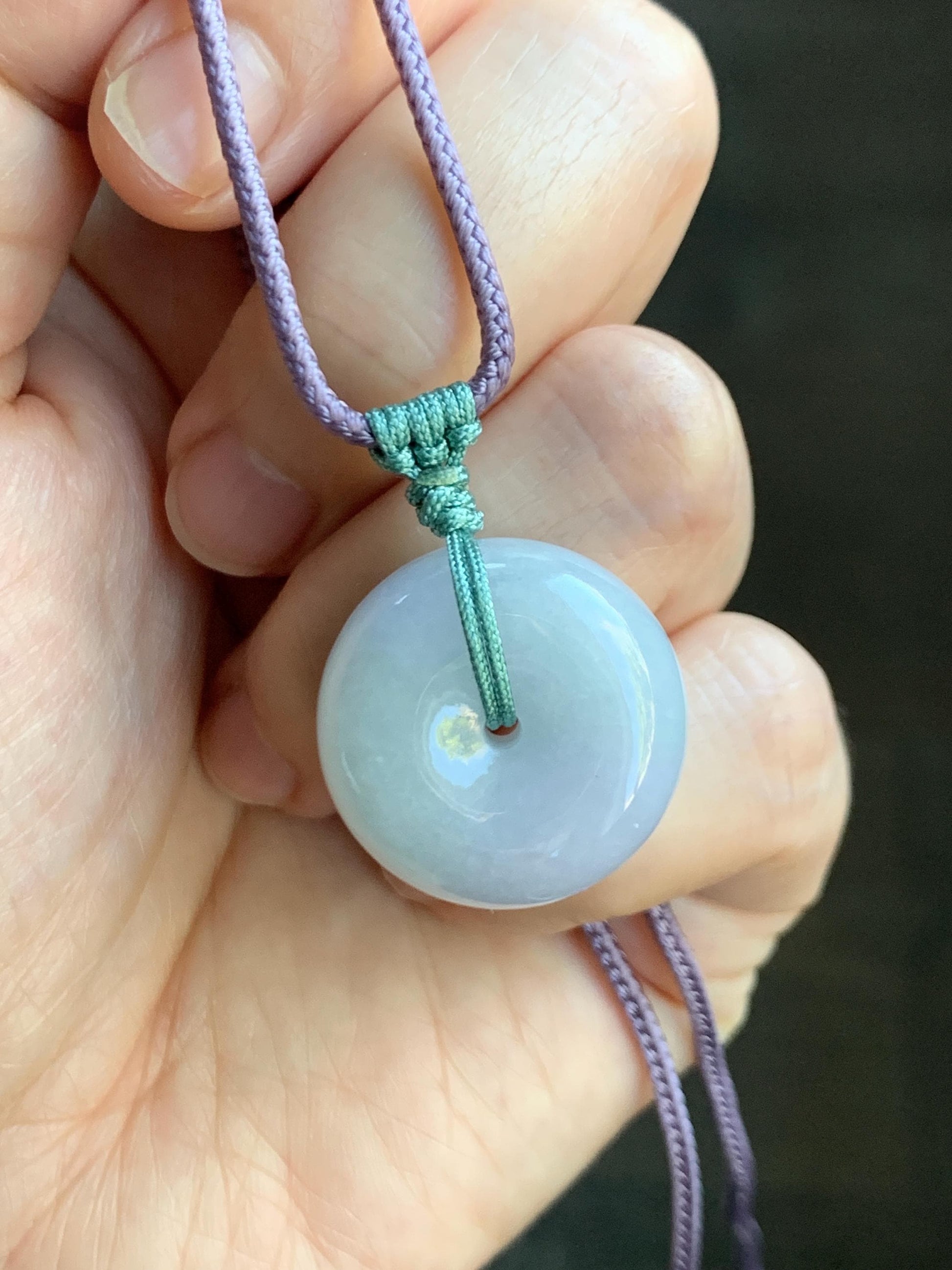 Natural Grade A Icy Translucent Pastel Purple Green Spring Color Jadeite Ping An Kou Donut Pendant Rope Necklace 25” 天然冰淡春彩翡翠平安扣吊坠项链 CHC203A