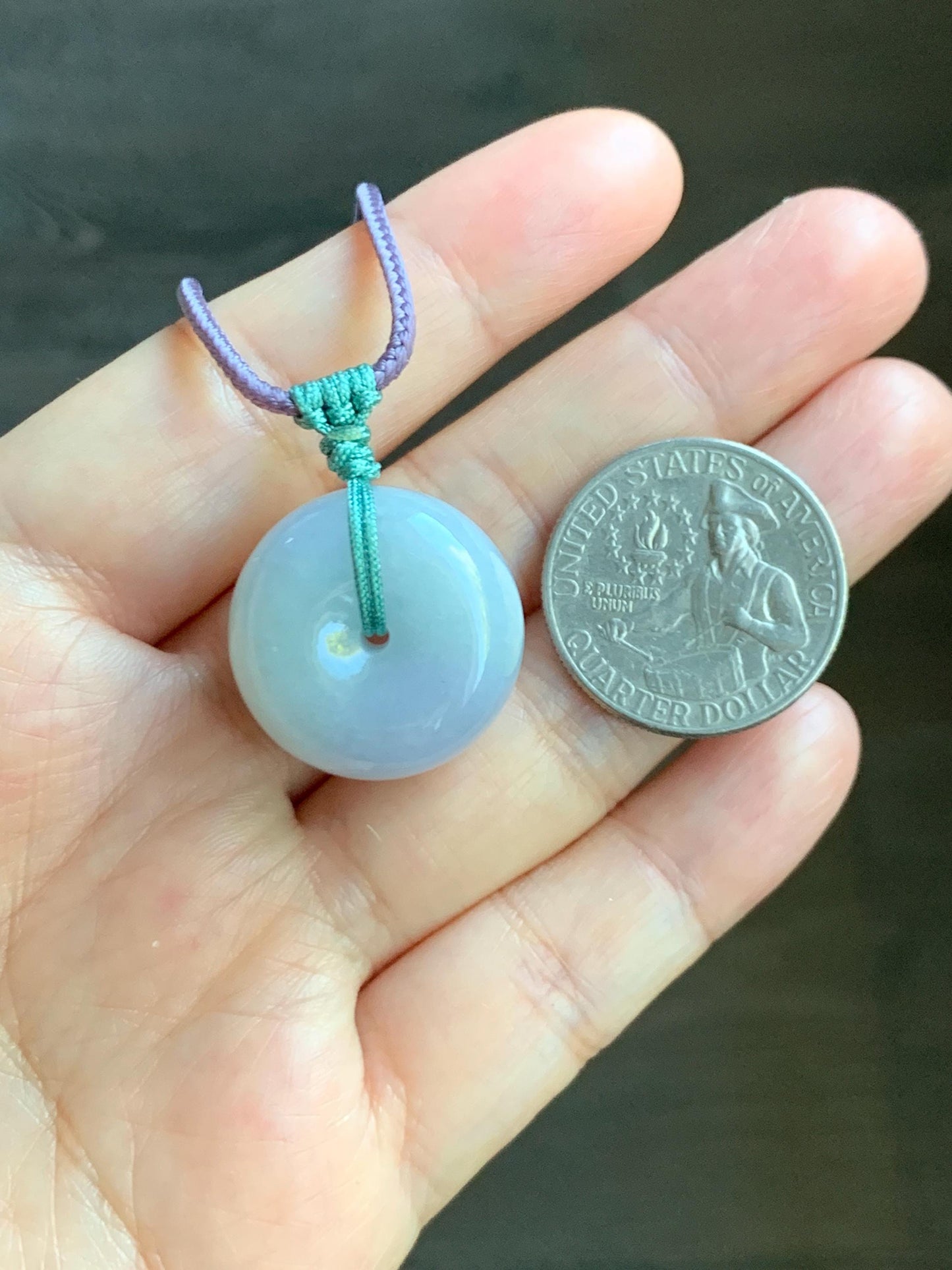 Natural Grade A Icy Translucent Pastel Purple Green Spring Color Jadeite Ping An Kou Donut Pendant Rope Necklace 25” 天然冰淡春彩翡翠平安扣吊坠项链 CHC203A
