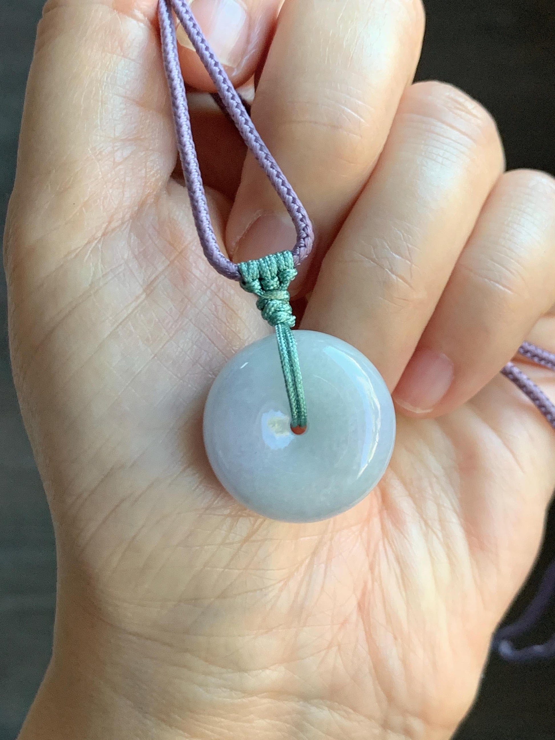 Natural Grade A Icy Translucent Pastel Purple Green Spring Color Jadeite Ping An Kou Donut Pendant Rope Necklace 25” 天然冰淡春彩翡翠平安扣吊坠项链 CHC203A