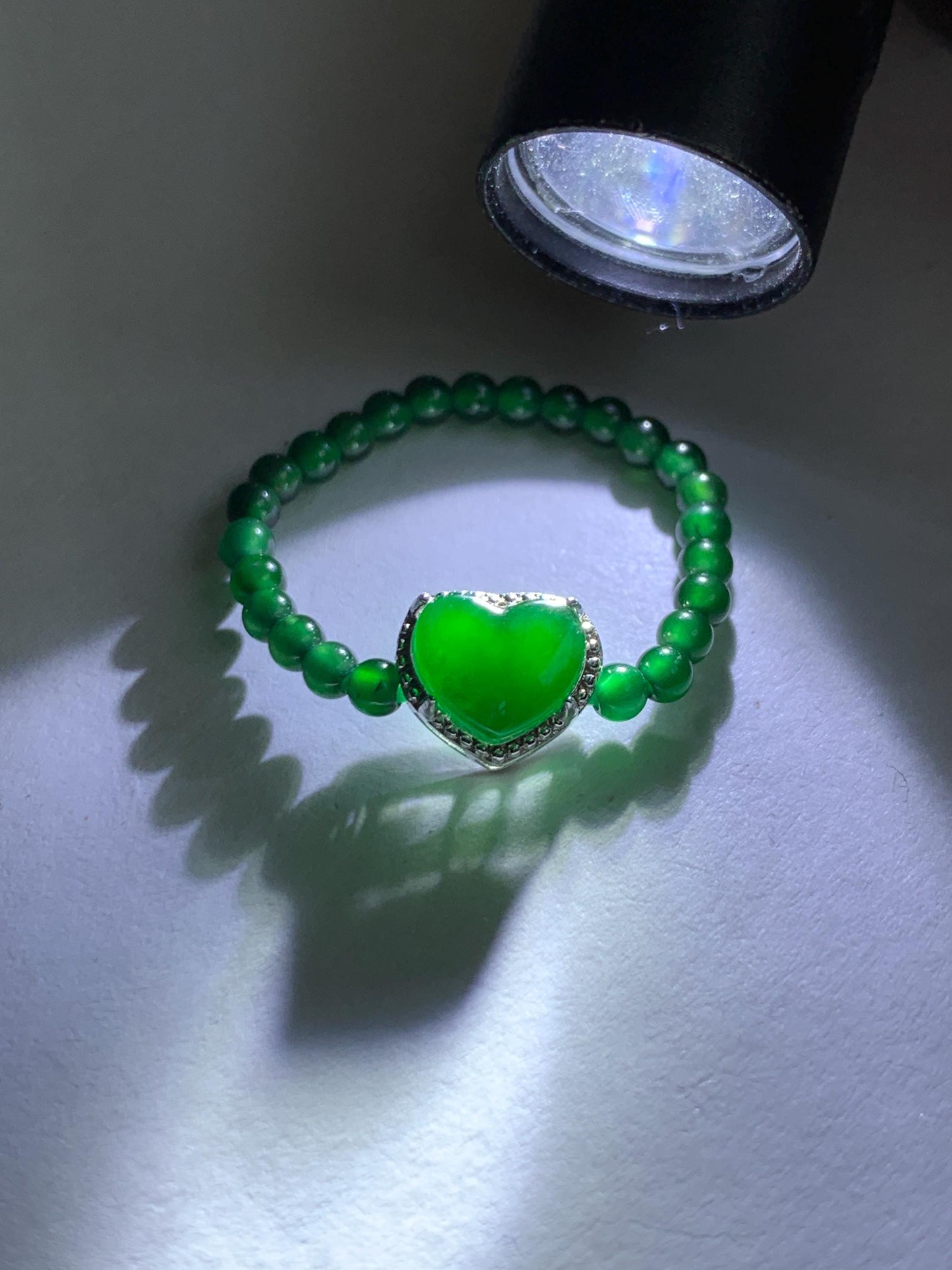 Natural Grade A Guatemalan Icy Translucent Vibrant Green Jade Jadeite Petite Beads Heart Charm Beaded Ring Size 7 US 天然冰危绿翡翠小珠潘多拉爱心戒圈WLX110