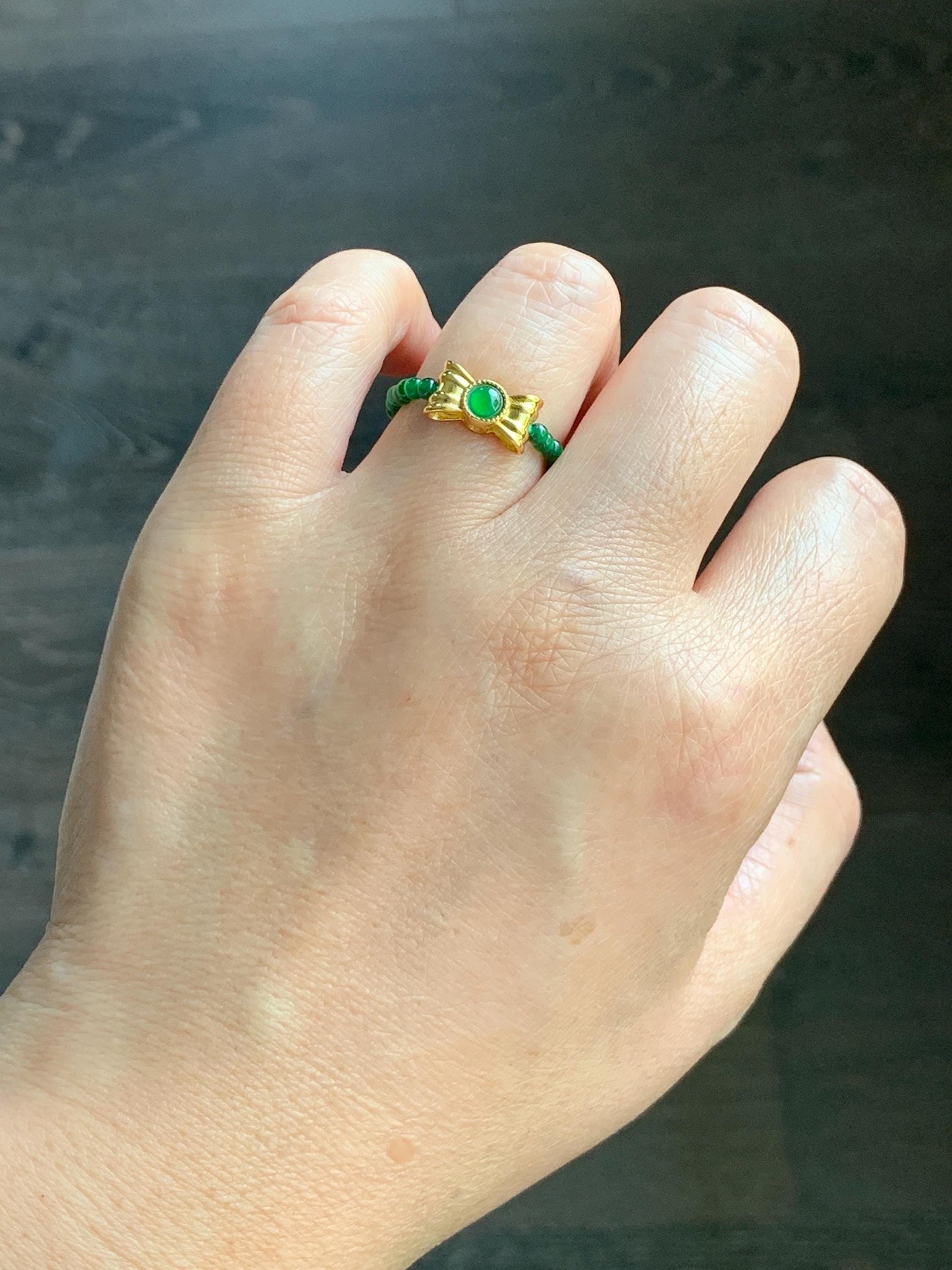 Natural Grade A Guatemalan Icy Translucent Vibrant Green Jade Jadeite Petite Beads Bow Charm Beaded Ring Size 7 US 天然冰危绿翡翠小珠潘多拉蝴蝶结戒圈WLHJ110