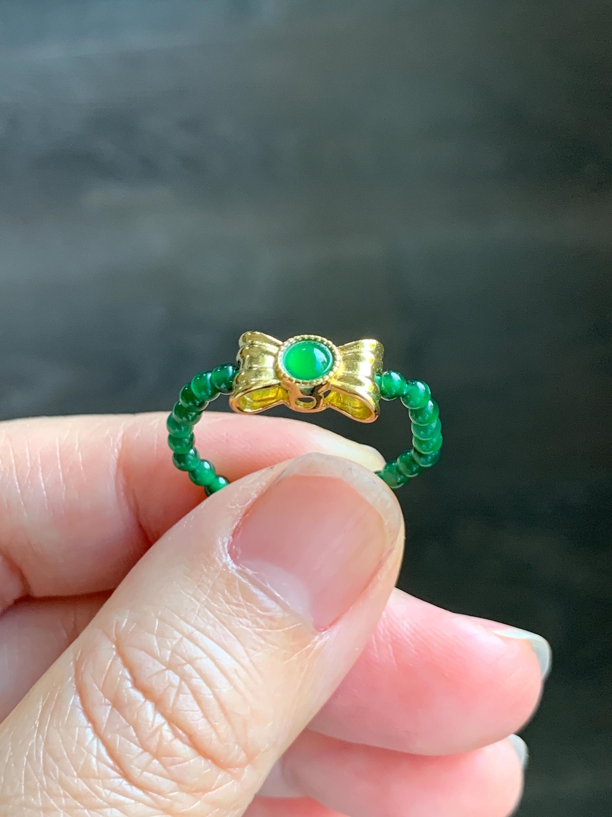 Natural Grade A Guatemalan Icy Translucent Vibrant Green Jade Jadeite Petite Beads Bow Charm Beaded Ring Size 7 US 天然冰危绿翡翠小珠潘多拉蝴蝶结戒圈WLHJ110