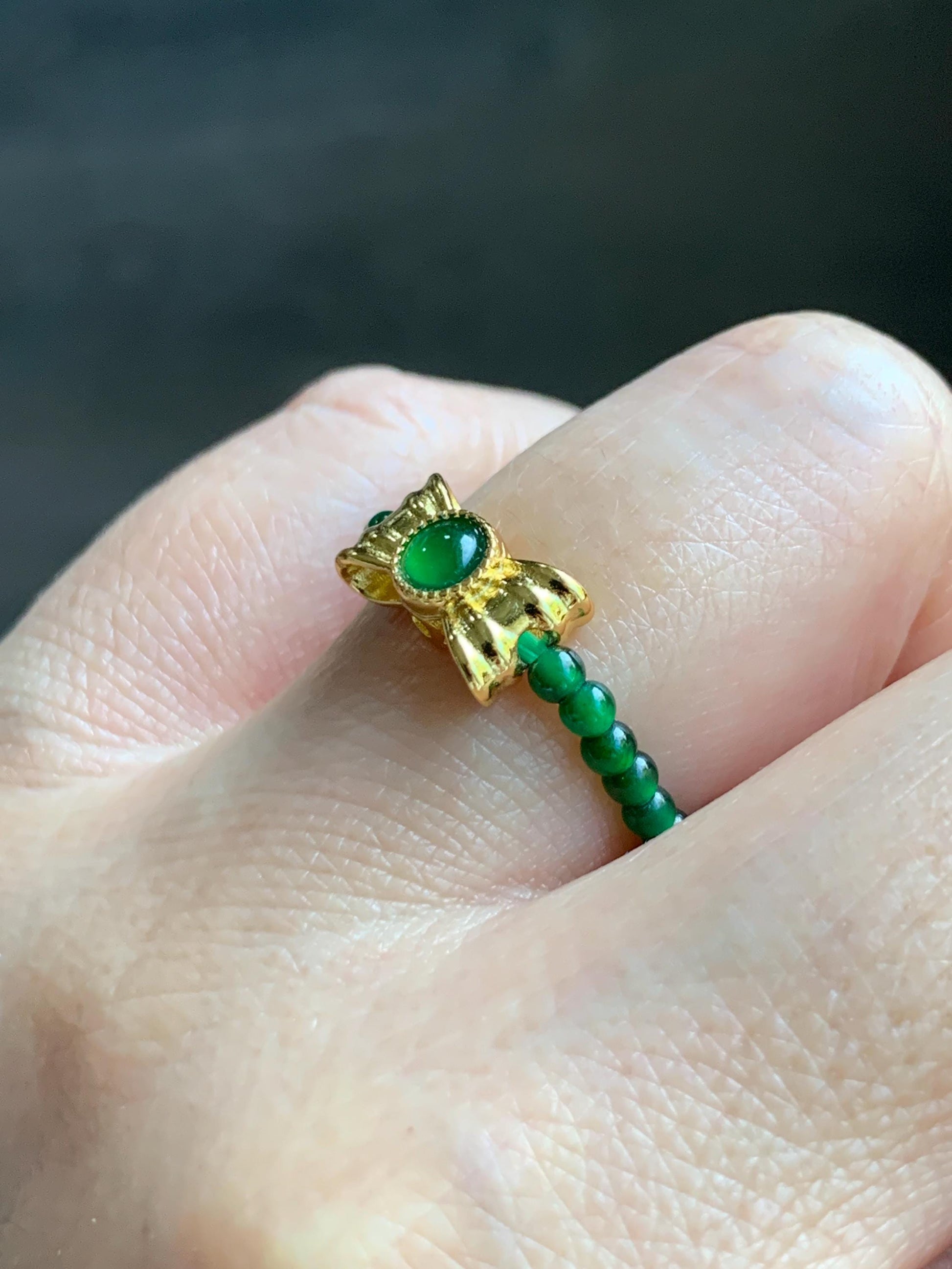 Natural Grade A Guatemalan Icy Translucent Vibrant Green Jade Jadeite Petite Beads Bow Charm Beaded Ring Size 7 US 天然冰危绿翡翠小珠潘多拉蝴蝶结戒圈WLHJ110
