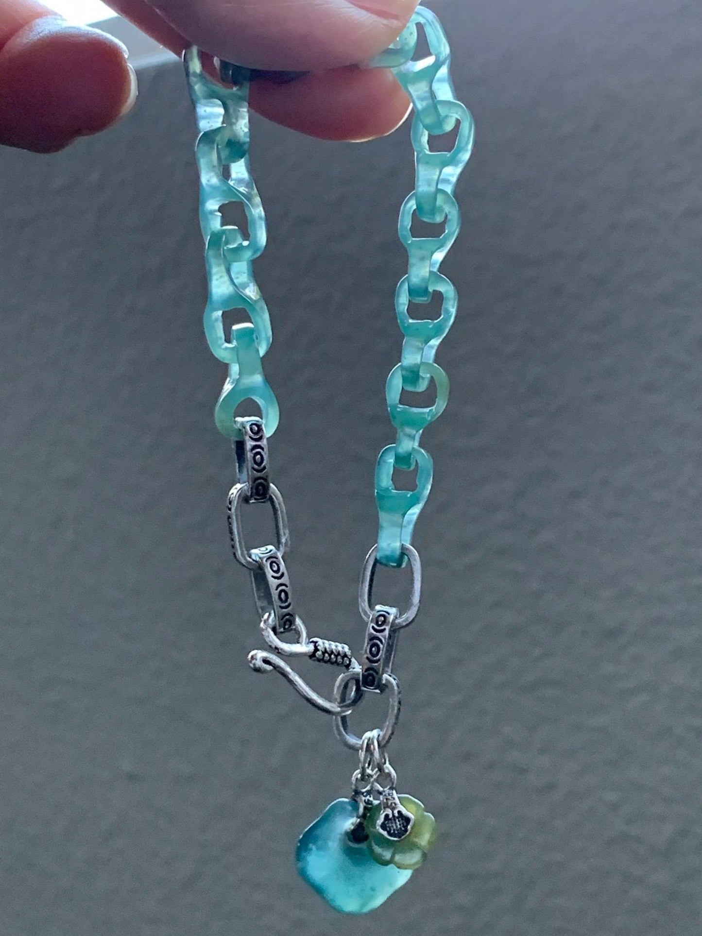 Natural Grade A Guatemalan Icy Teal Blue Jade Jadeite Interlocking Dragon Bone Chain Charm Bracelet Sterling Silver 6.75" 天然冰胶危蓝翡翠龙骨链手链 SLR