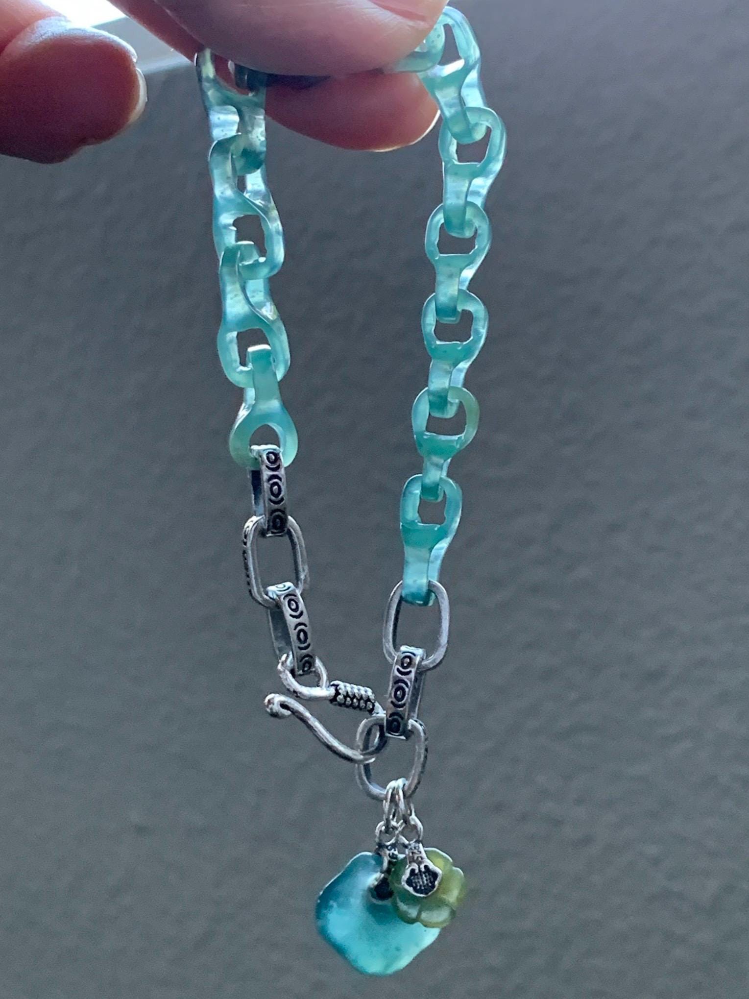 Natural Grade A Guatemalan Icy Teal Blue Jade Jadeite Interlocking Dragon Bone Chain Charm Bracelet Sterling Silver 6.75" 天然冰胶危蓝翡翠龙骨链手链 SLR