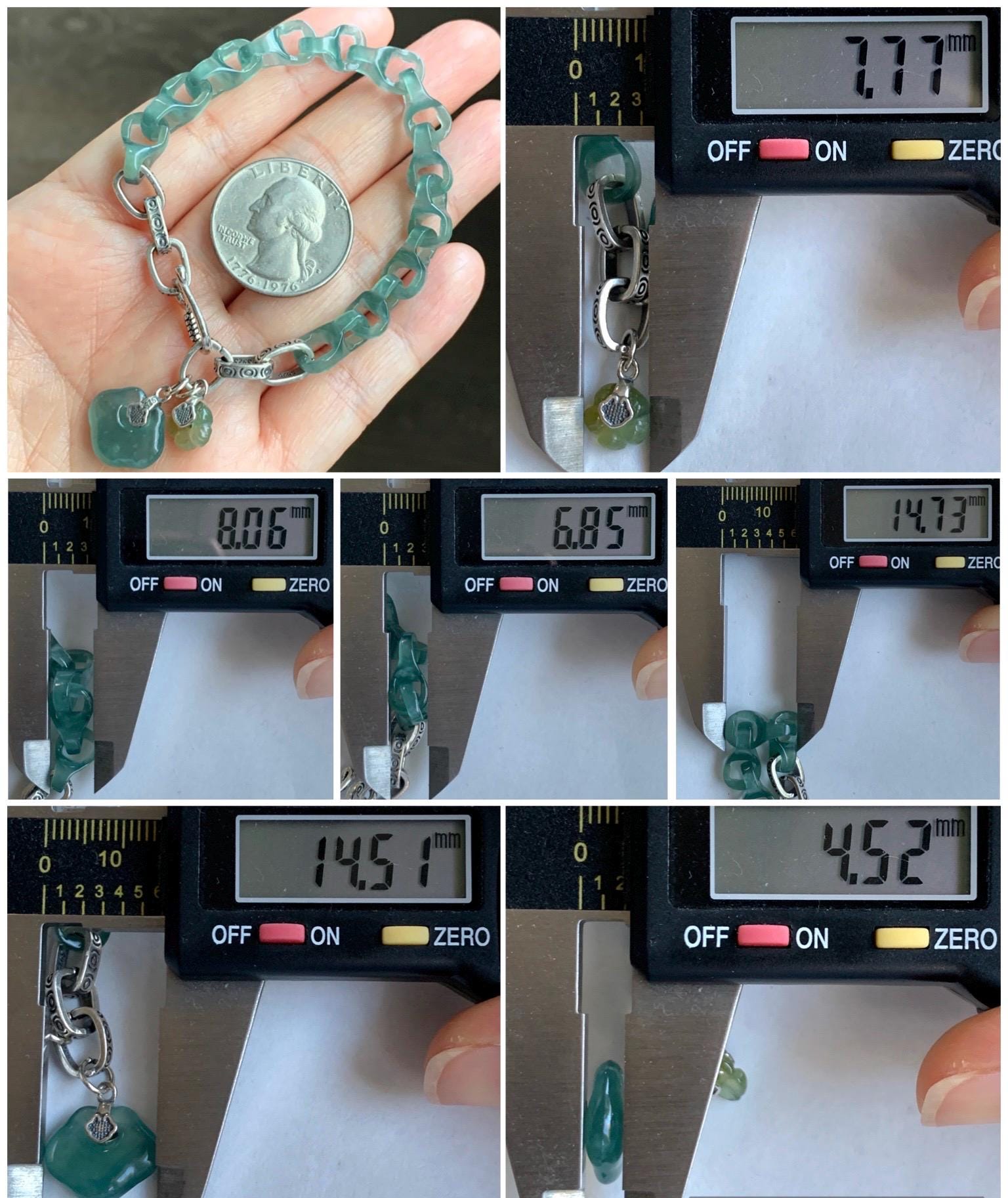 Natural Grade A Guatemalan Icy Teal Blue Jade Jadeite Interlocking Dragon Bone Chain Charm Bracelet Sterling Silver 6.75" 天然冰胶危蓝翡翠龙骨链手链 SLR