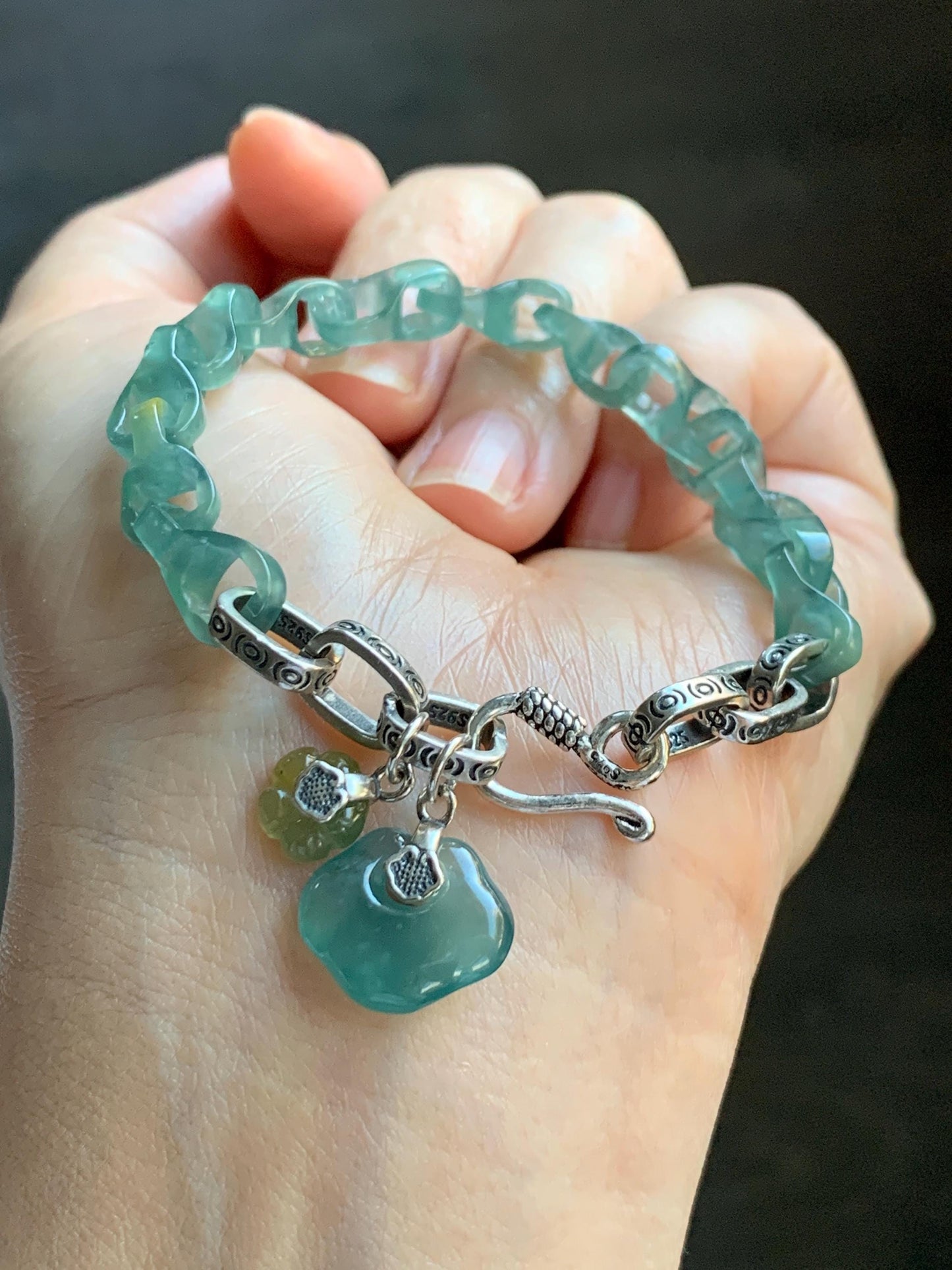 Natural Grade A Guatemalan Icy Teal Blue Jade Jadeite Interlocking Dragon Bone Chain Charm Bracelet Sterling Silver 6.75" 天然冰胶危蓝翡翠龙骨链手链 SLR