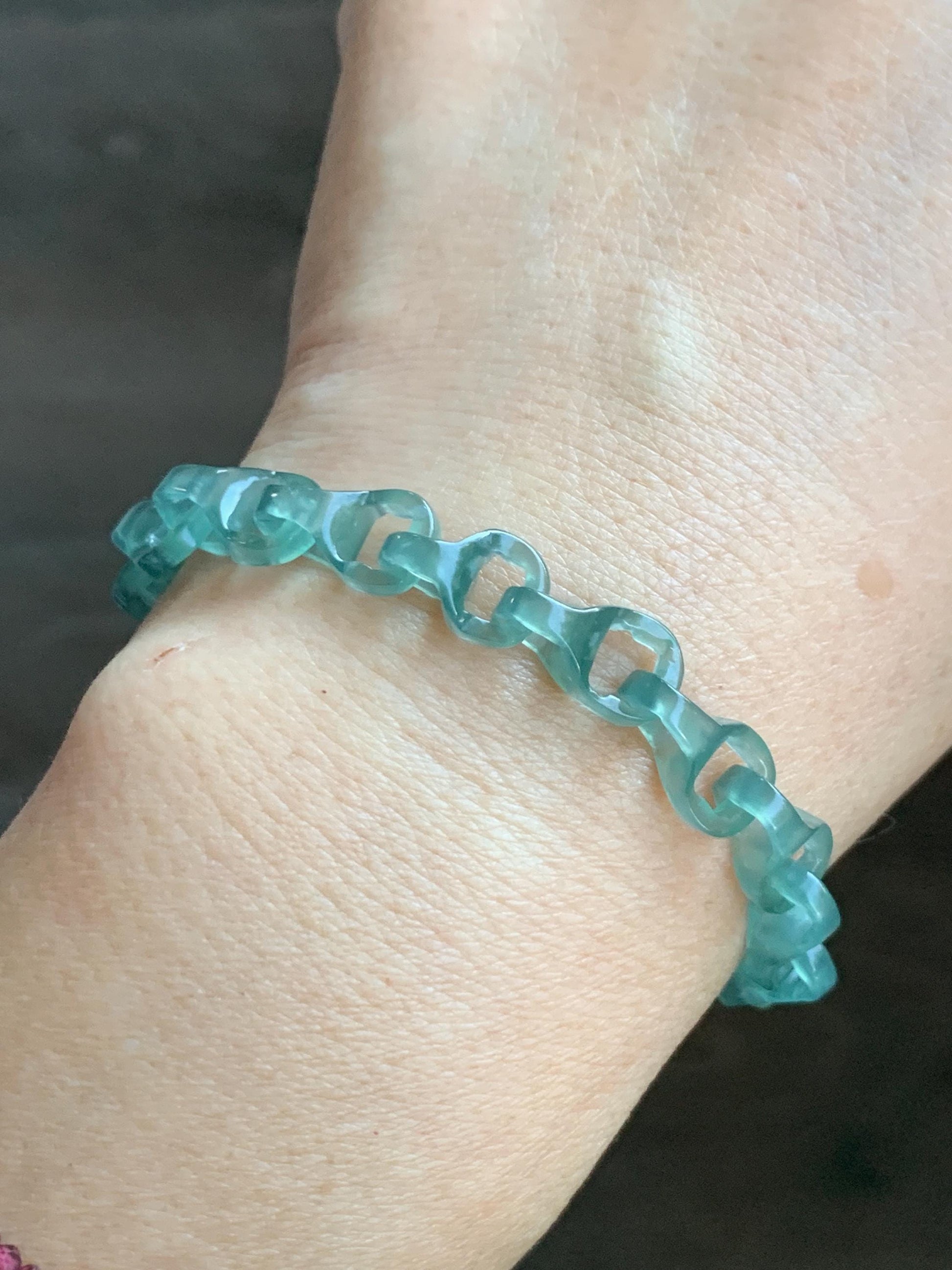 Natural Grade A Guatemalan Icy Teal Blue Jade Jadeite Interlocking Dragon Bone Chain Charm Bracelet Sterling Silver 6.75" 天然冰胶危蓝翡翠龙骨链手链 SLR