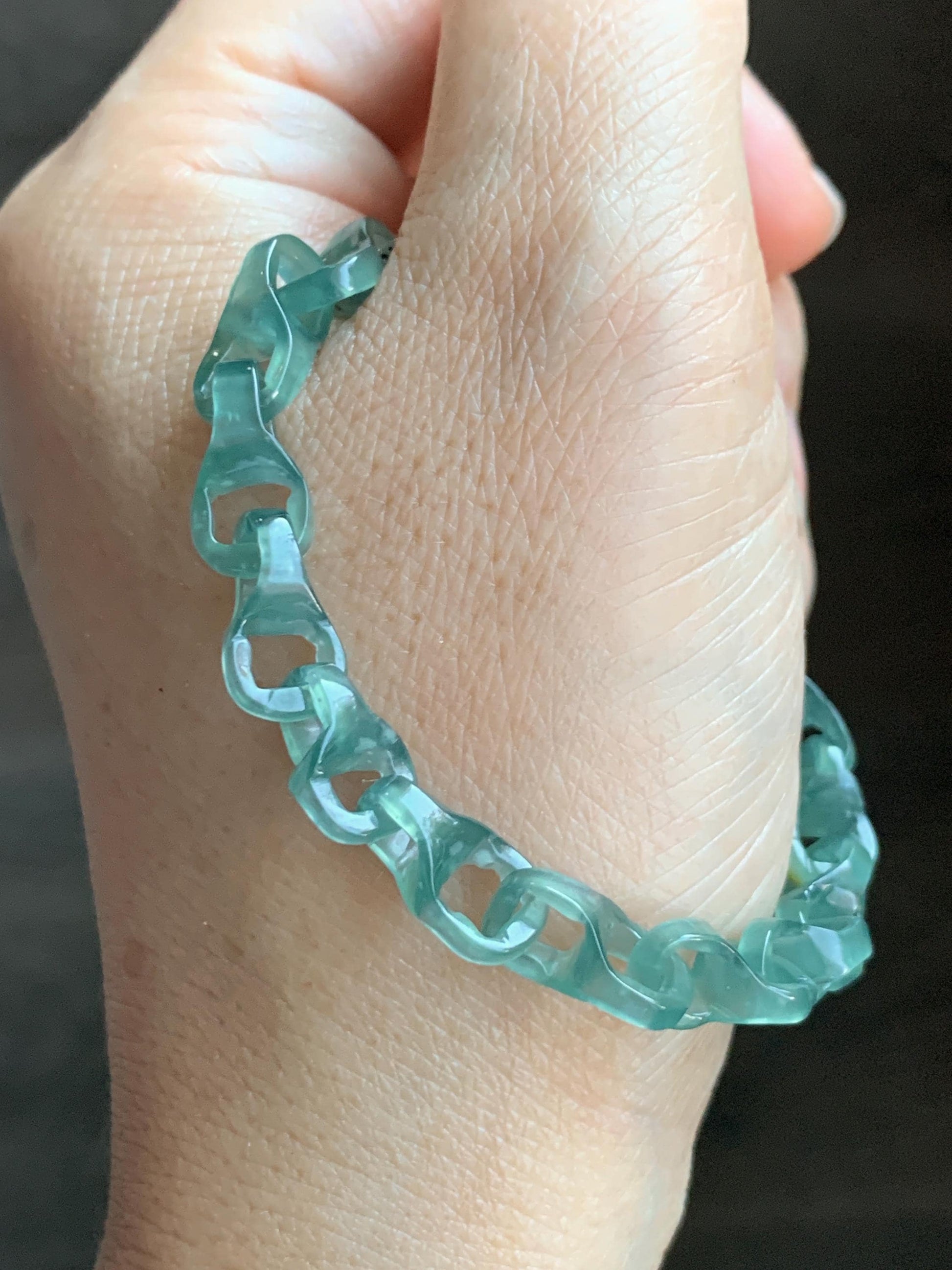 Natural Grade A Guatemalan Icy Teal Blue Jade Jadeite Interlocking Dragon Bone Chain Charm Bracelet Sterling Silver 6.75" 天然冰胶危蓝翡翠龙骨链手链 SLR