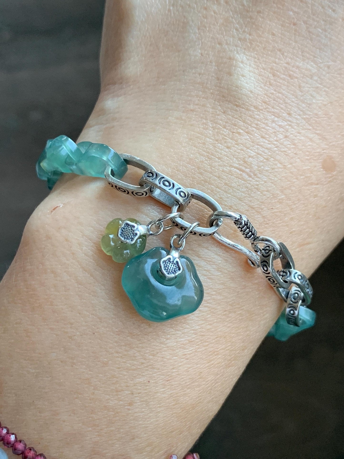 Natural Grade A Guatemalan Icy Teal Blue Jade Jadeite Interlocking Dragon Bone Chain Charm Bracelet Sterling Silver 6.75" 天然冰胶危蓝翡翠龙骨链手链 SLR