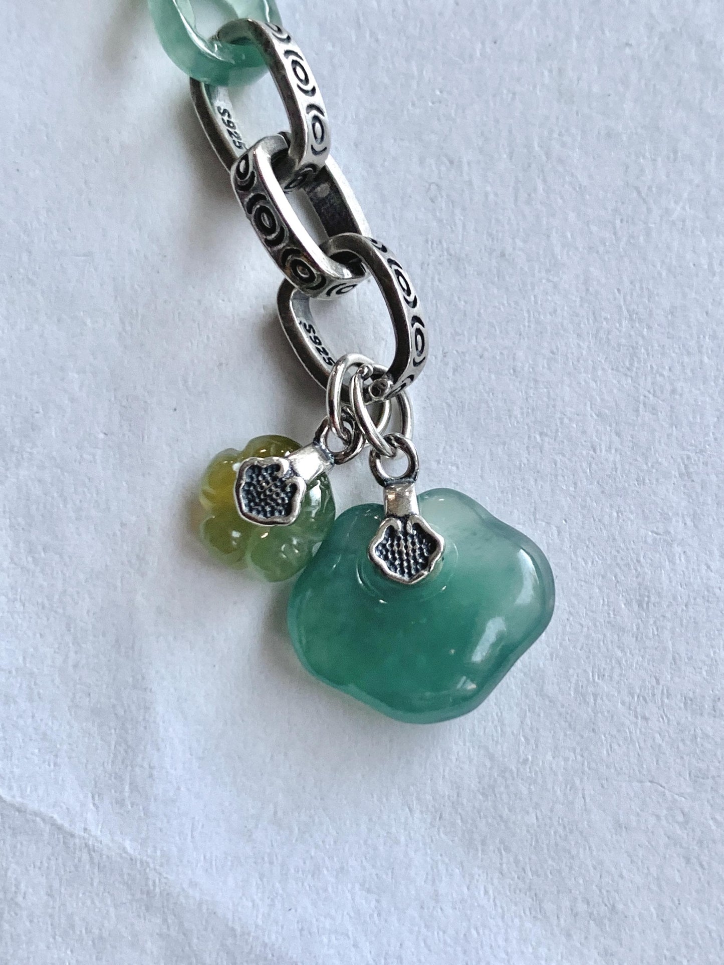 Natural Grade A Guatemalan Icy Teal Blue Jade Jadeite Interlocking Dragon Bone Chain Charm Bracelet Sterling Silver 6.75" 天然冰胶危蓝翡翠龙骨链手链 SLR