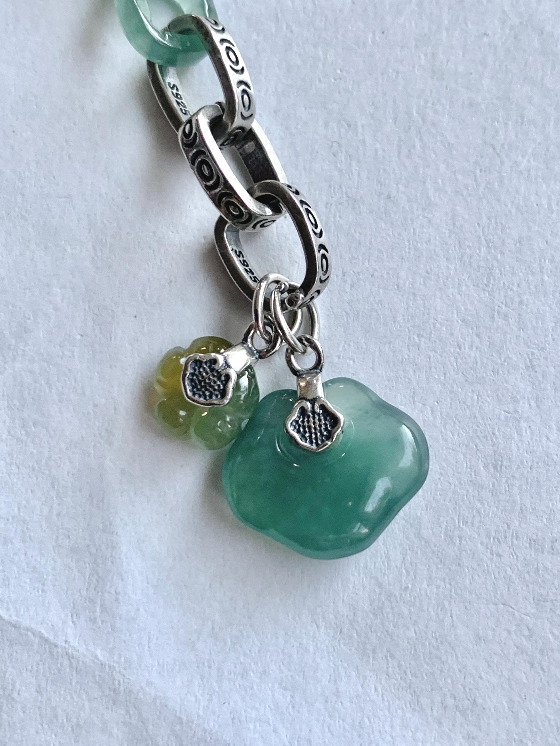 Natural Grade A Guatemalan Icy Teal Blue Jade Jadeite Interlocking Dragon Bone Chain Charm Bracelet Sterling Silver 6.75" 天然冰胶危蓝翡翠龙骨链手链 SLR