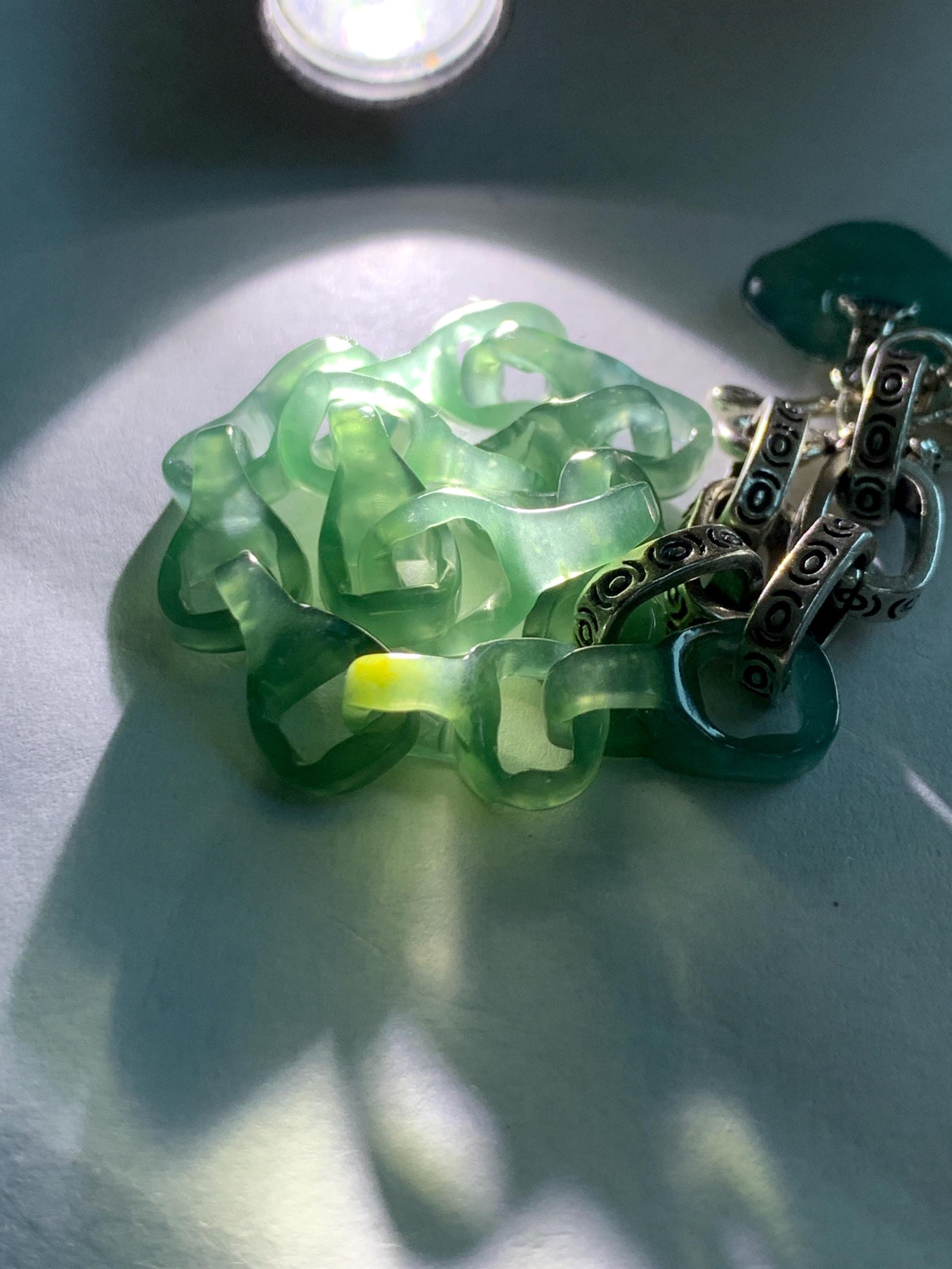 Natural Grade A Guatemalan Icy Teal Blue Jade Jadeite Interlocking Dragon Bone Chain Charm Bracelet Sterling Silver 6.75" 天然冰胶危蓝翡翠龙骨链手链 SLR