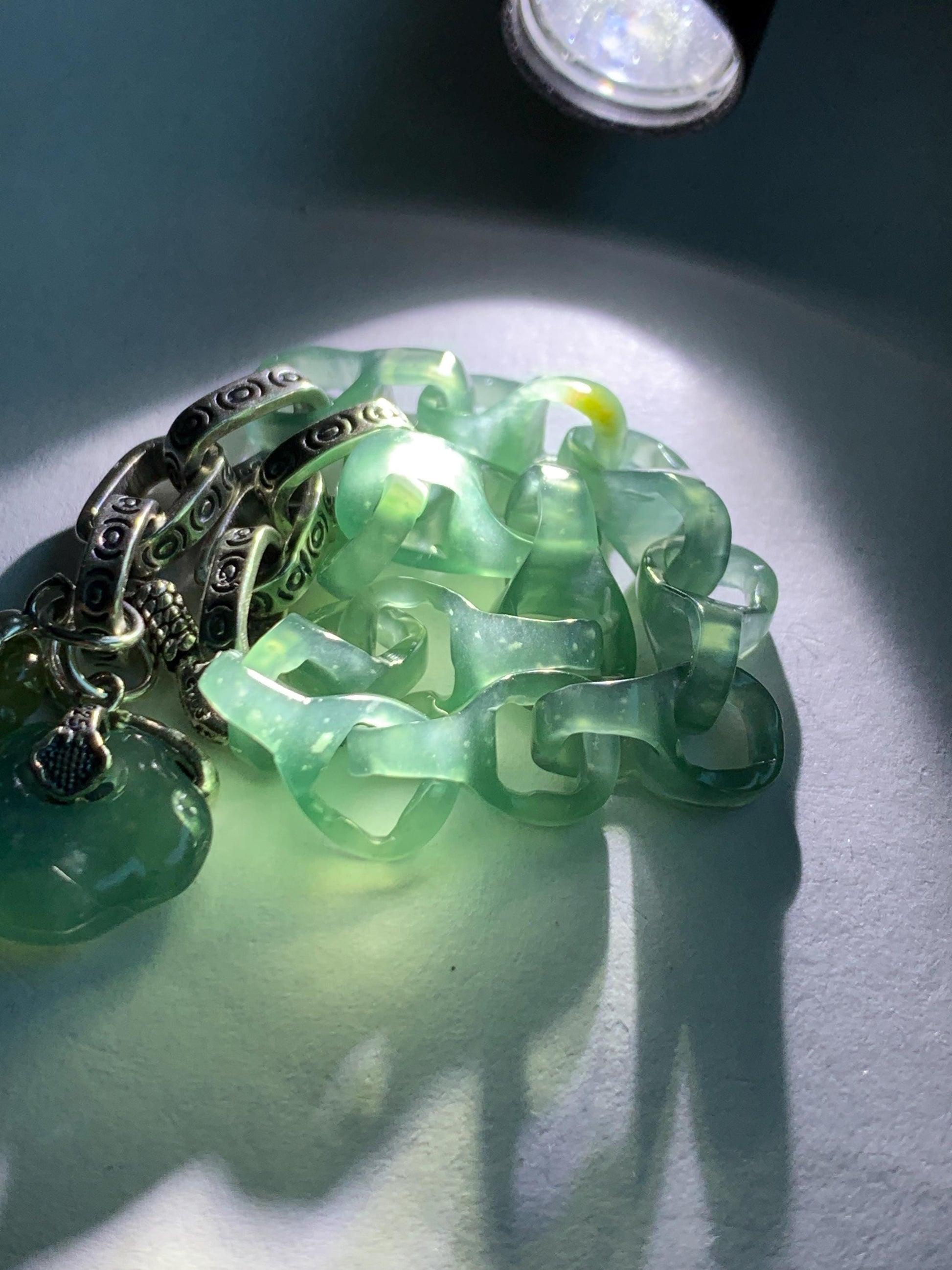 Natural Grade A Guatemalan Icy Teal Blue Jade Jadeite Interlocking Dragon Bone Chain Charm Bracelet Sterling Silver 6.75" 天然冰胶危蓝翡翠龙骨链手链 SLR