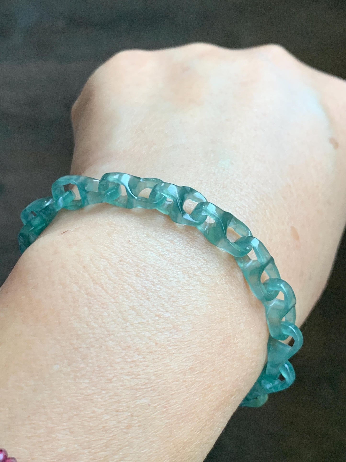 Natural Grade A Guatemalan Icy Teal Blue Jade Jadeite Interlocking Dragon Bone Chain Charm Bracelet Sterling Silver 6.75" 天然冰胶危蓝翡翠龙骨链手链 SLR