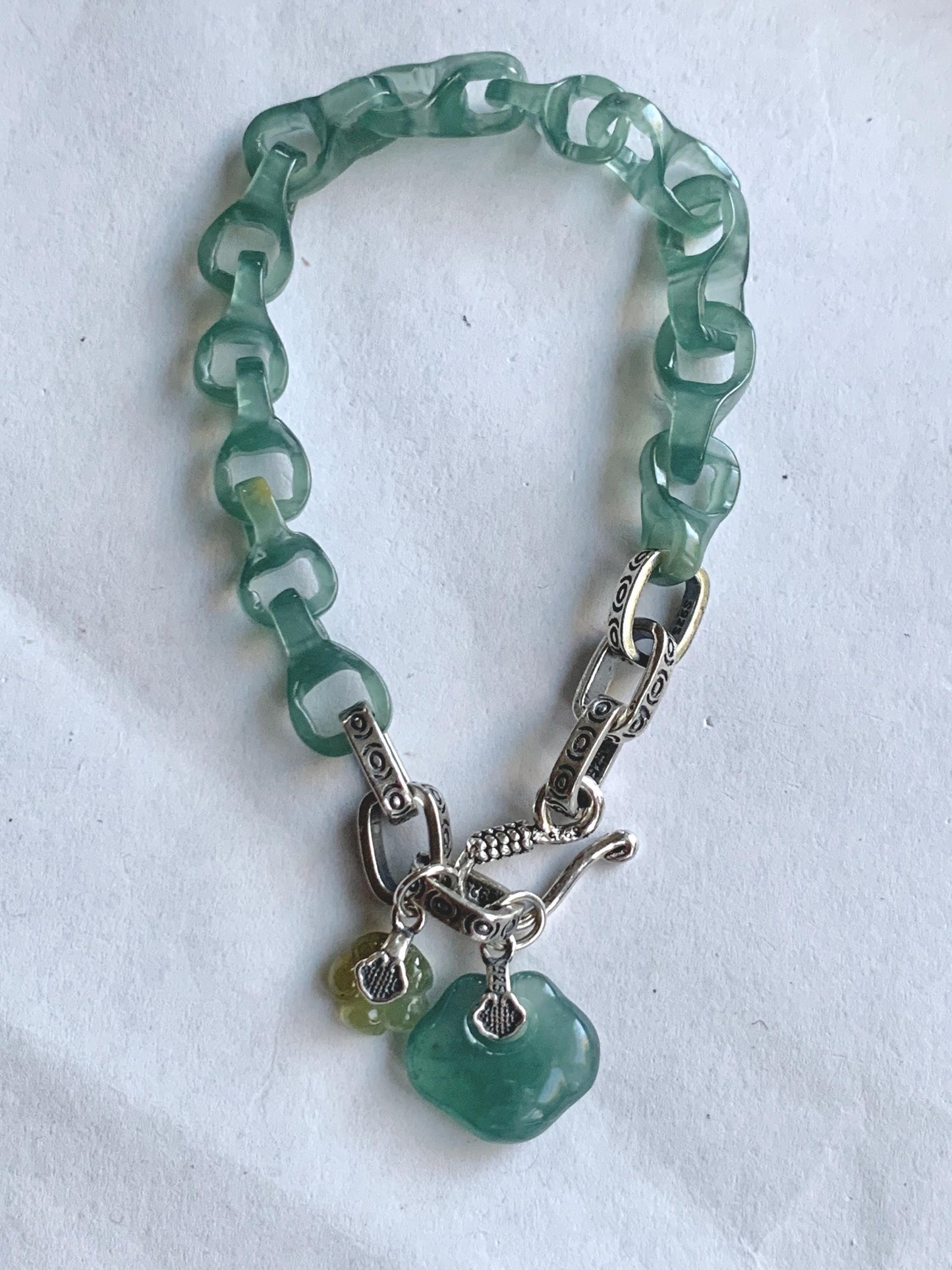 Natural Grade A Guatemalan Icy Teal Blue Jade Jadeite Interlocking Dragon Bone Chain Charm Bracelet Sterling Silver 6.75" 天然冰胶危蓝翡翠龙骨链手链 SLR