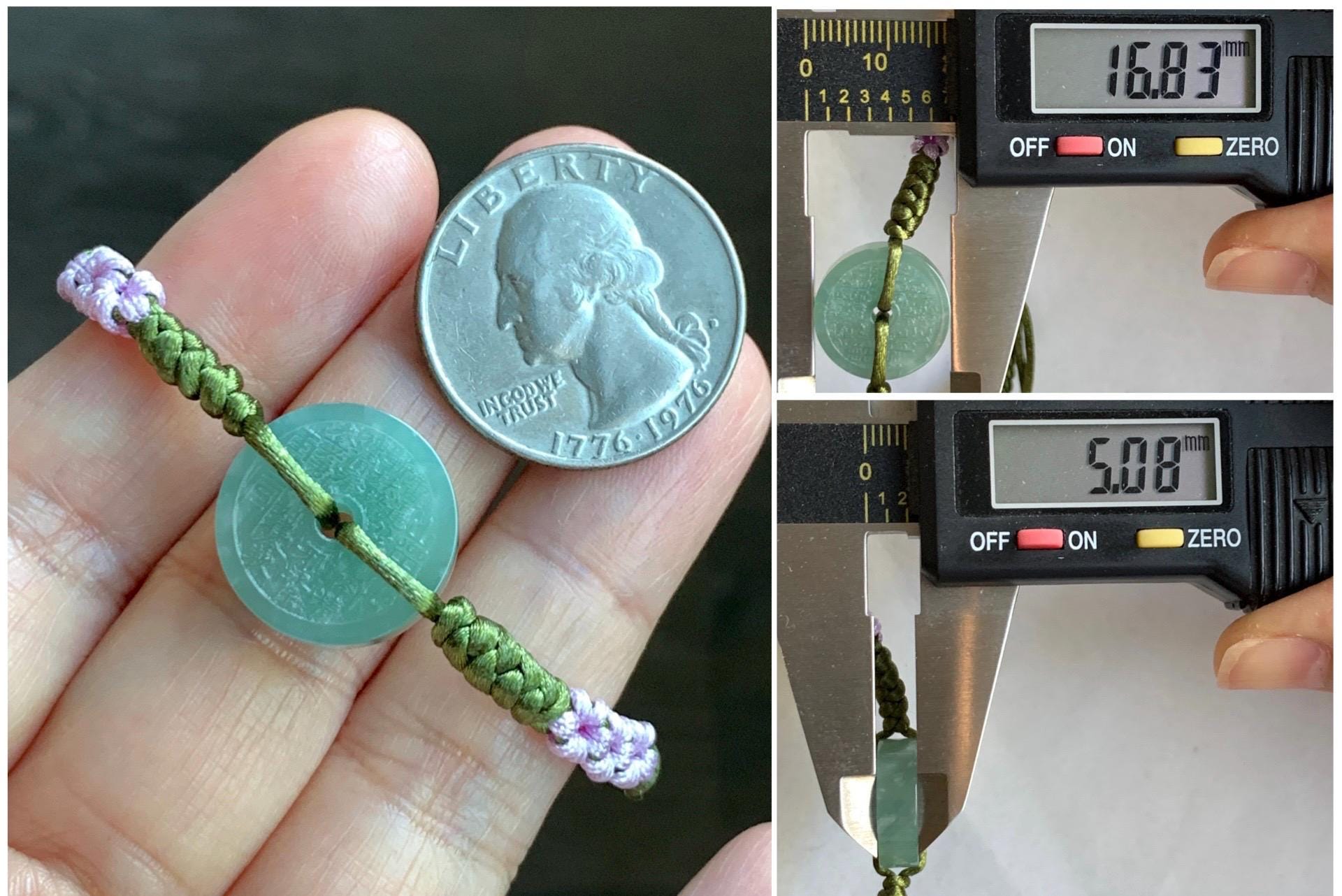 Natural Grade A Guatemalan Icy Translucent Light Teal Green Jadeite Mountain Ghost Eight Trigrams Coin Rope Bracelet 天然冰危浅蓝绿翡翠山鬼护身符手绳 SGS105