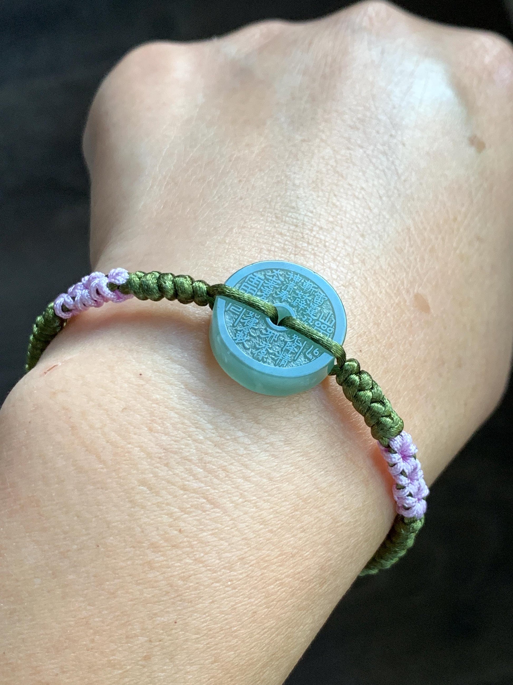Natural Grade A Guatemalan Icy Translucent Light Teal Green Jadeite Mountain Ghost Eight Trigrams Coin Rope Bracelet 天然冰危浅蓝绿翡翠山鬼护身符手绳 SGS105