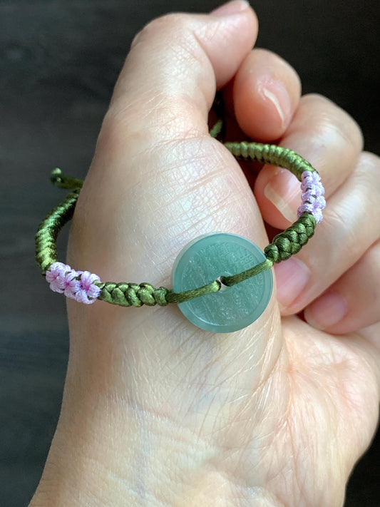 Natural Grade A Guatemalan Icy Translucent Light Teal Green Jadeite Mountain Ghost Eight Trigrams Coin Rope Bracelet 天然冰危浅蓝绿翡翠山鬼护身符手绳 SGS105