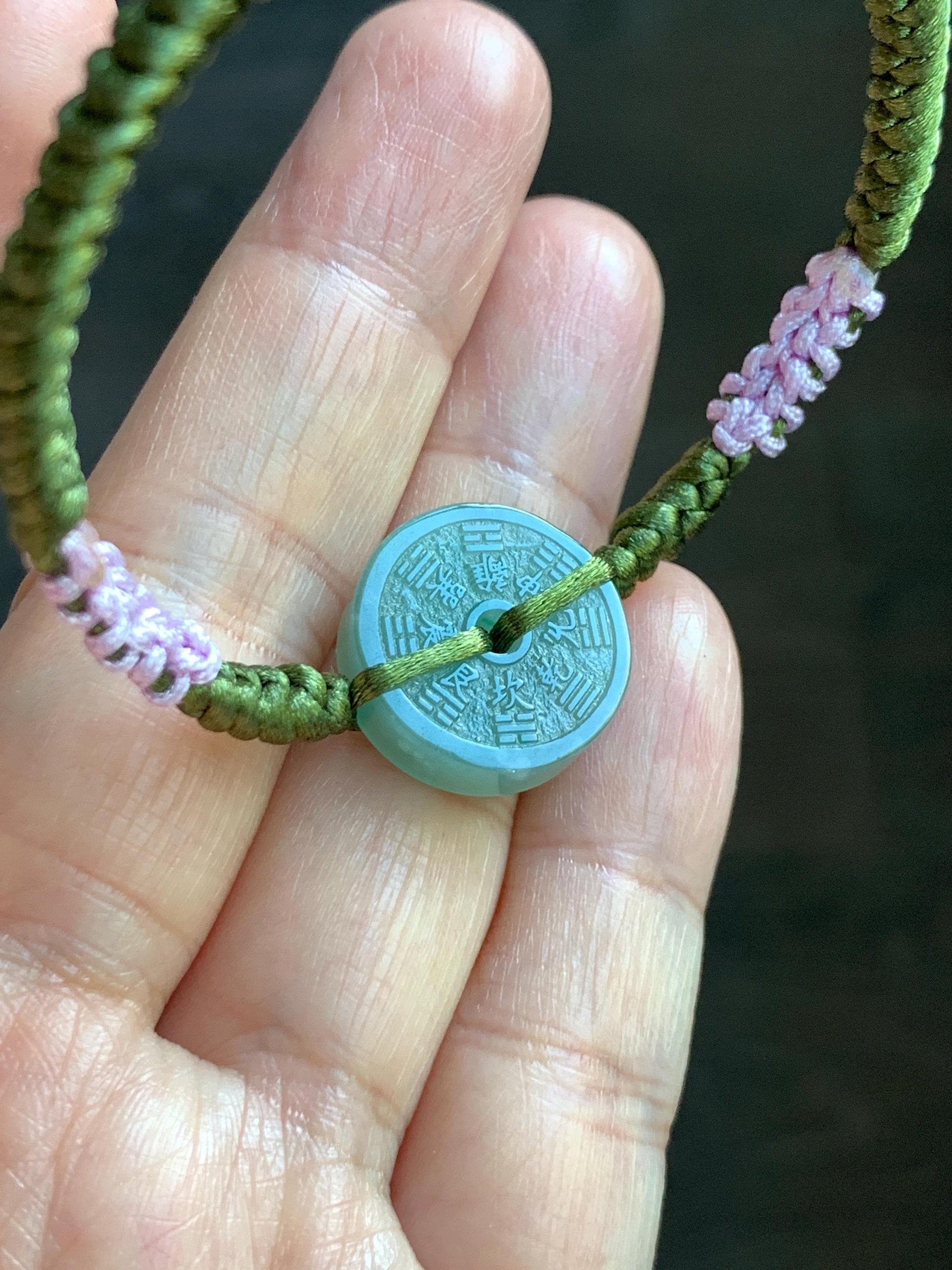 Natural Grade A Guatemalan Icy Translucent Light Teal Green Jadeite Mountain Ghost Eight Trigrams Coin Rope Bracelet 天然冰危浅蓝绿翡翠山鬼护身符手绳 SGS105