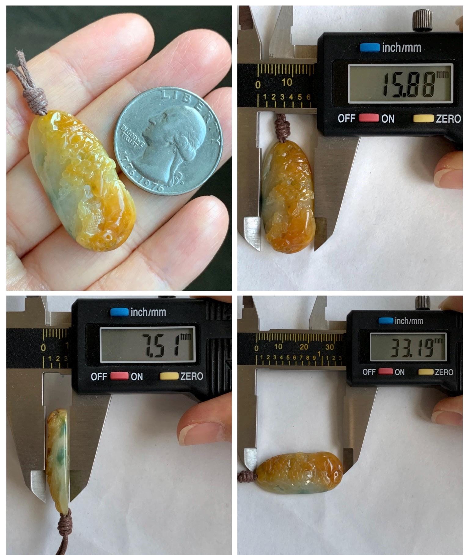 Natural Grade A Icy Translucent Bicolored Yellow & Green Jade Jadeite Shan Shui Nature Pendant Rope Necklace 25" 8g 天然冰黄飘绿花翡翠山水牌吊坠 SCH248