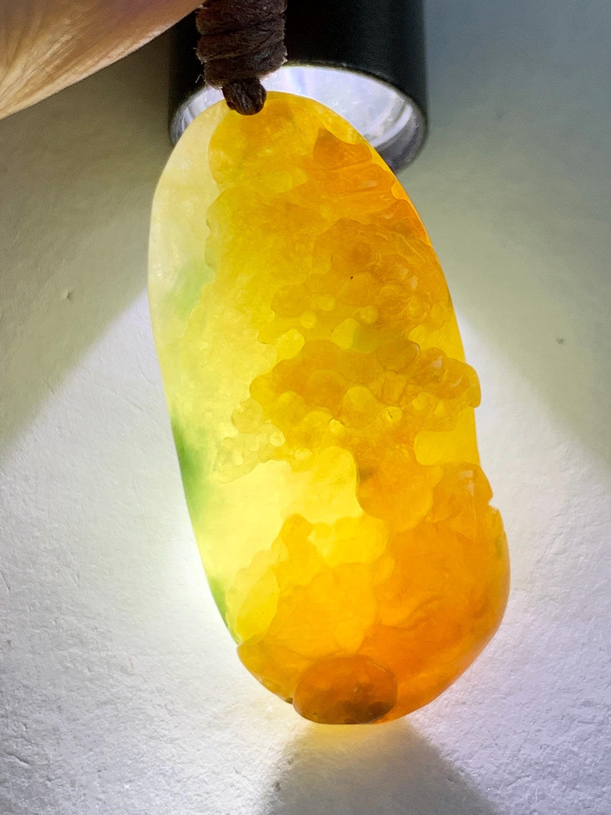 Natural Grade A Icy Translucent Bicolored Yellow & Green Jade Jadeite Shan Shui Nature Pendant Rope Necklace 25" 8g 天然冰黄飘绿花翡翠山水牌吊坠 SCH248