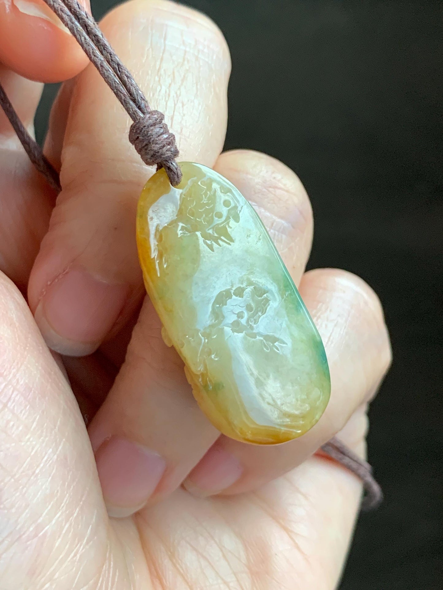 Natural Grade A Icy Translucent Bicolored Yellow & Green Jade Jadeite Shan Shui Nature Pendant Rope Necklace 25" 8g 天然冰黄飘绿花翡翠山水牌吊坠 SCH248