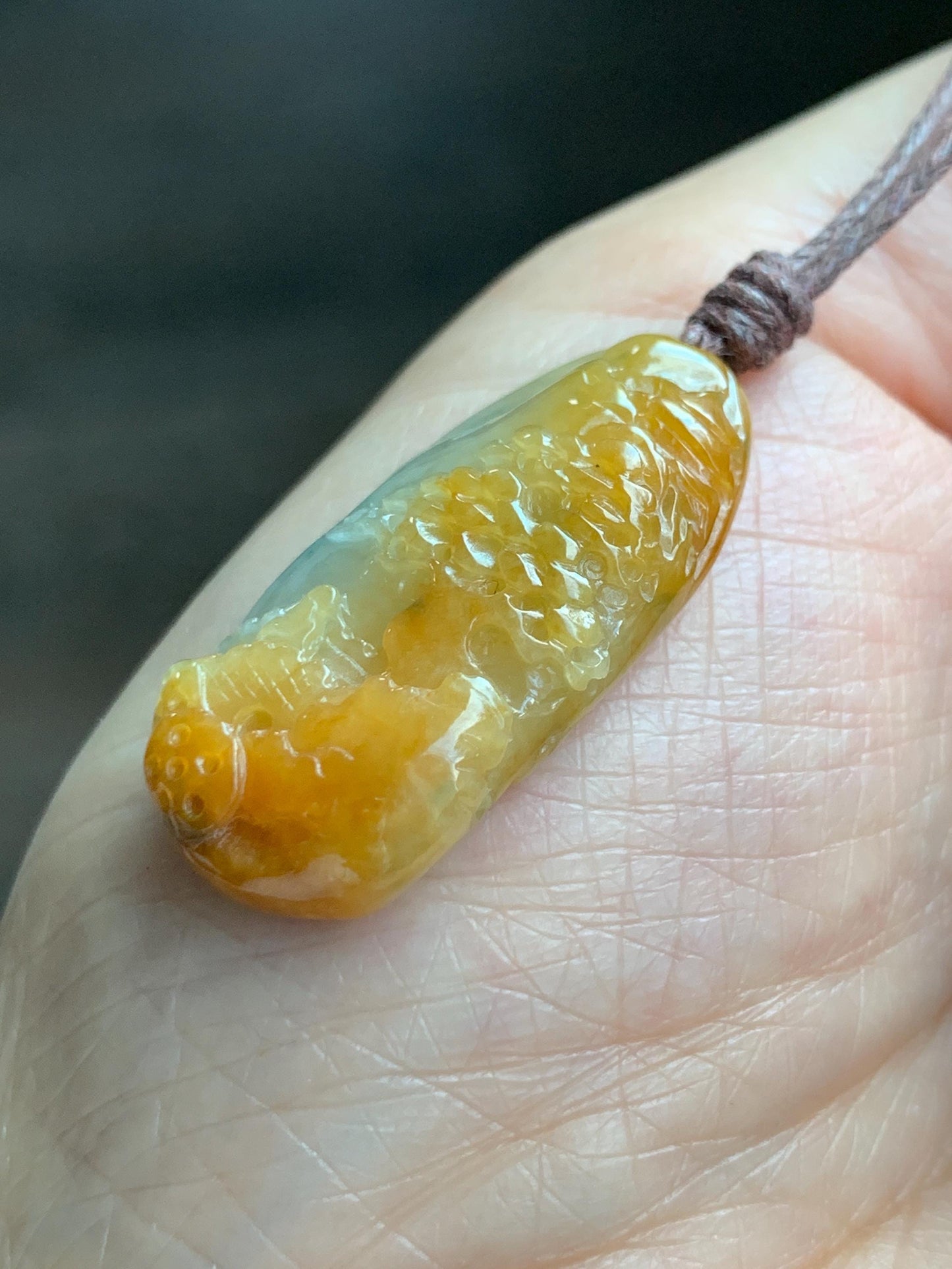 Natural Grade A Icy Translucent Bicolored Yellow & Green Jade Jadeite Shan Shui Nature Pendant Rope Necklace 25" 8g 天然冰黄飘绿花翡翠山水牌吊坠 SCH248