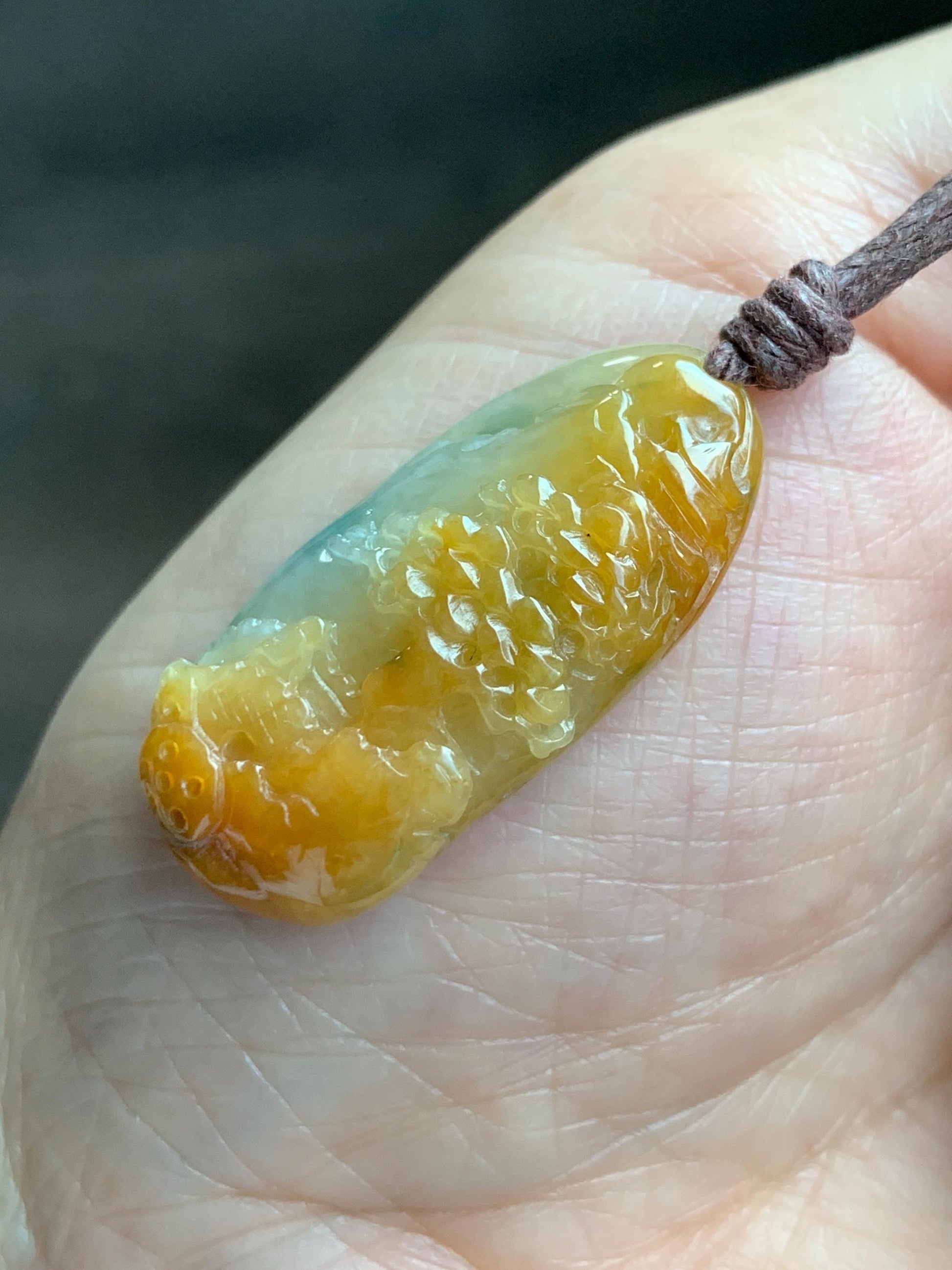 Natural Grade A Icy Translucent Bicolored Yellow & Green Jade Jadeite Shan Shui Nature Pendant Rope Necklace 25" 8g 天然冰黄飘绿花翡翠山水牌吊坠 SCH248