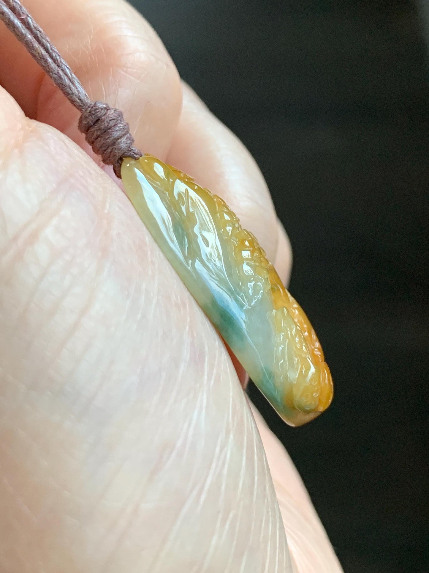 Natural Grade A Icy Translucent Bicolored Yellow & Green Jade Jadeite Shan Shui Nature Pendant Rope Necklace 25" 8g 天然冰黄飘绿花翡翠山水牌吊坠 SCH248