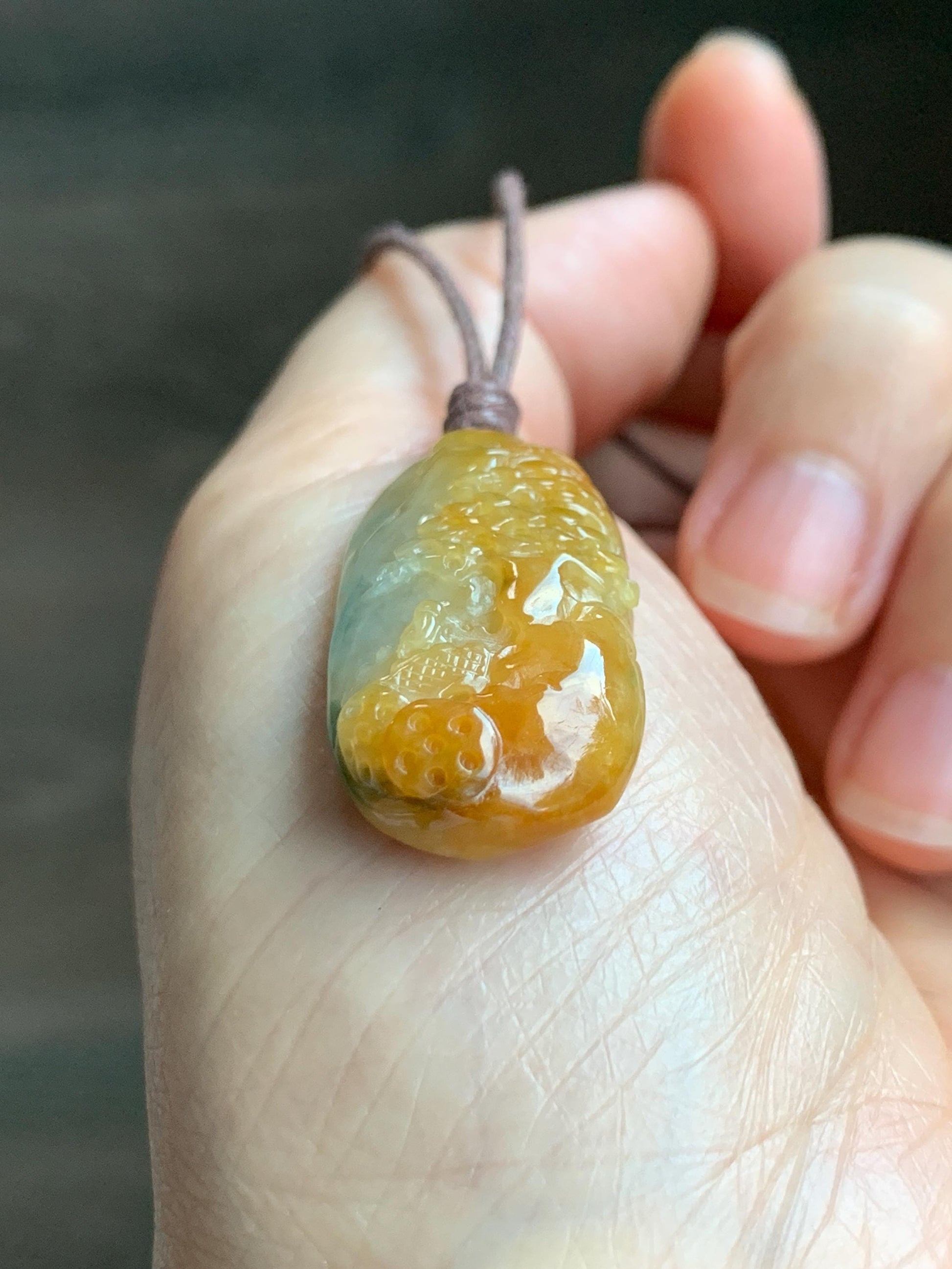 Natural Grade A Icy Translucent Bicolored Yellow & Green Jade Jadeite Shan Shui Nature Pendant Rope Necklace 25" 8g 天然冰黄飘绿花翡翠山水牌吊坠 SCH248