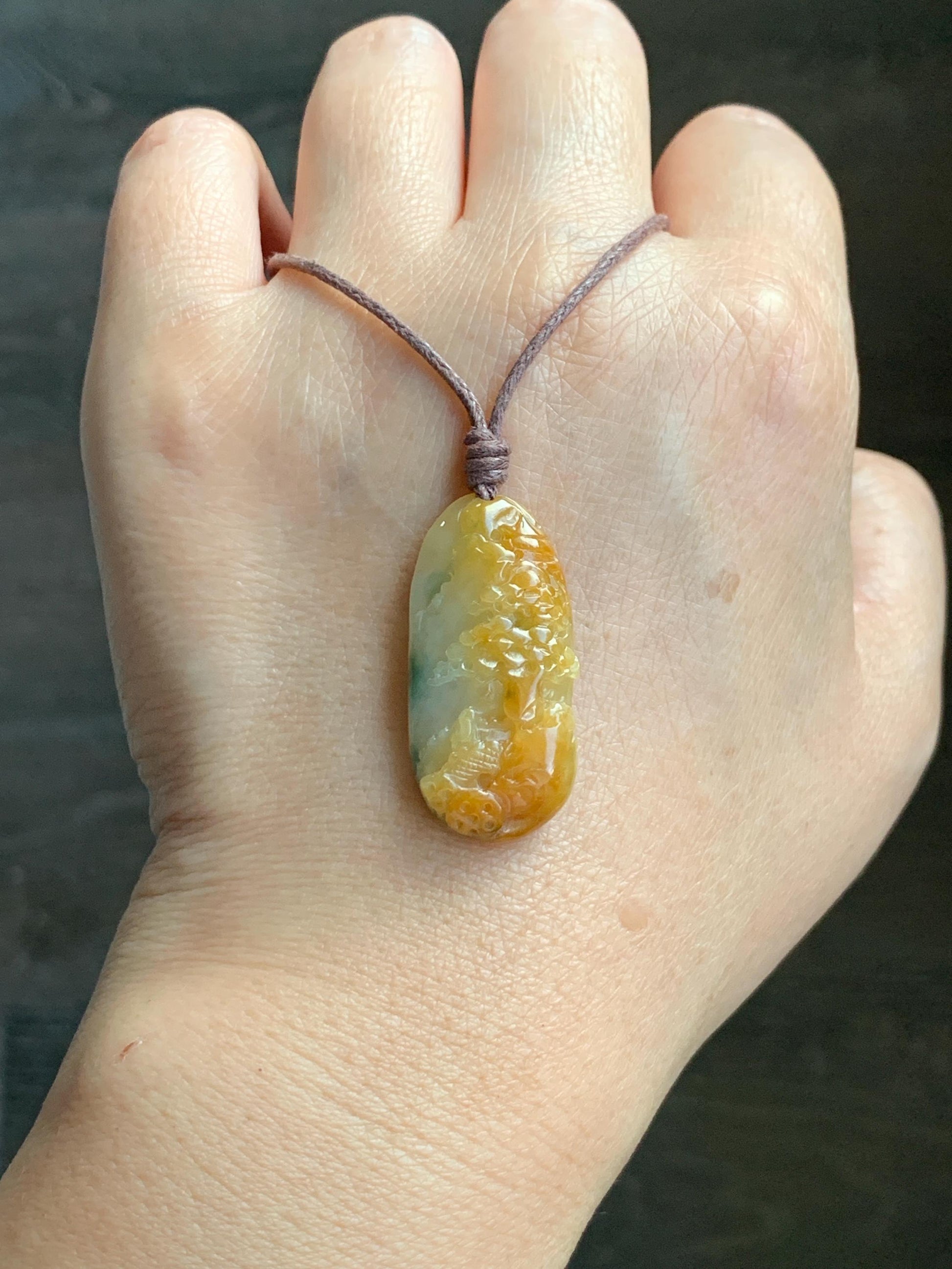 Natural Grade A Icy Translucent Bicolored Yellow & Green Jade Jadeite Shan Shui Nature Pendant Rope Necklace 25" 8g 天然冰黄飘绿花翡翠山水牌吊坠 SCH248