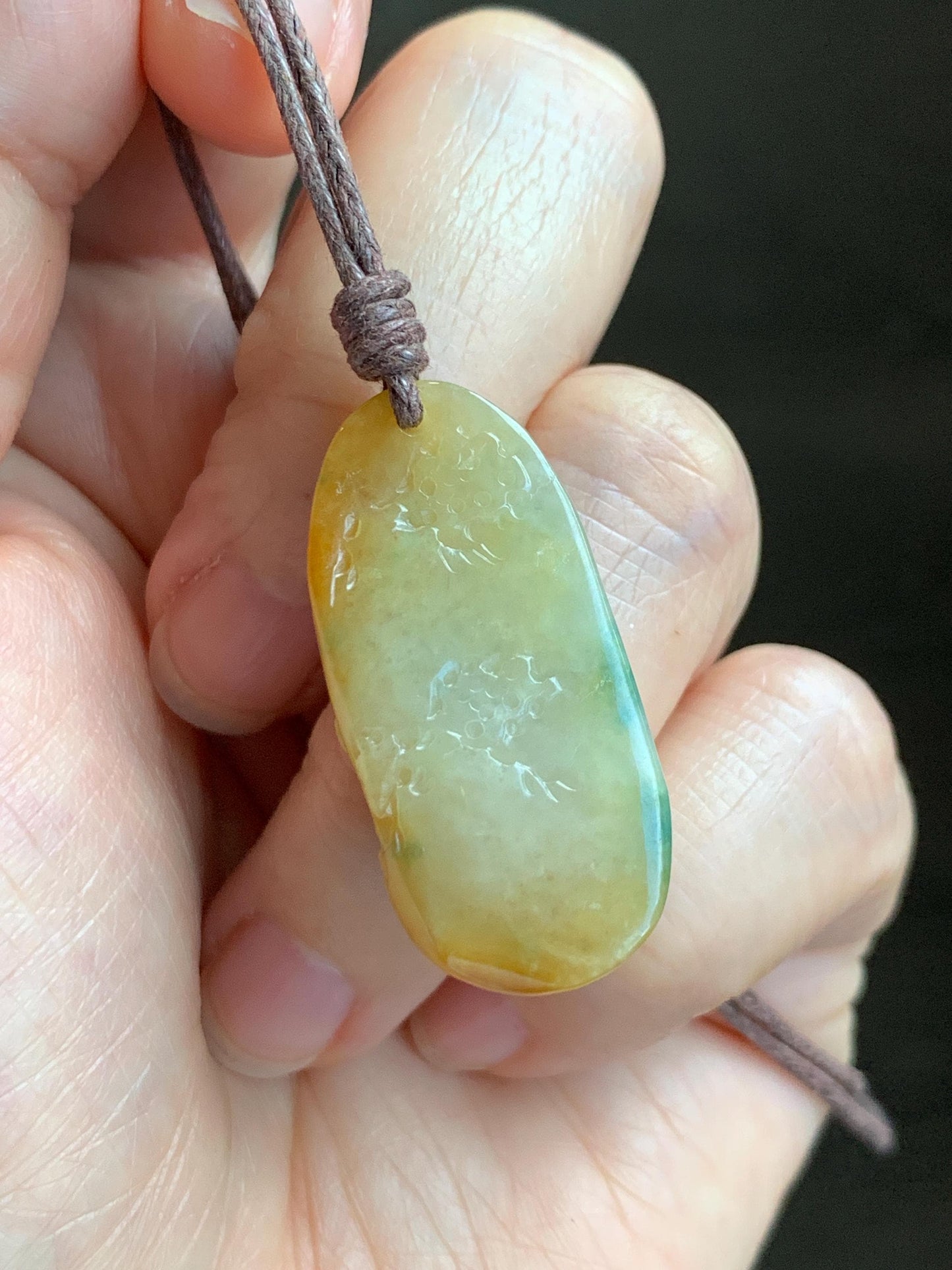 Natural Grade A Icy Translucent Bicolored Yellow & Green Jade Jadeite Shan Shui Nature Pendant Rope Necklace 25" 8g 天然冰黄飘绿花翡翠山水牌吊坠 SCH248
