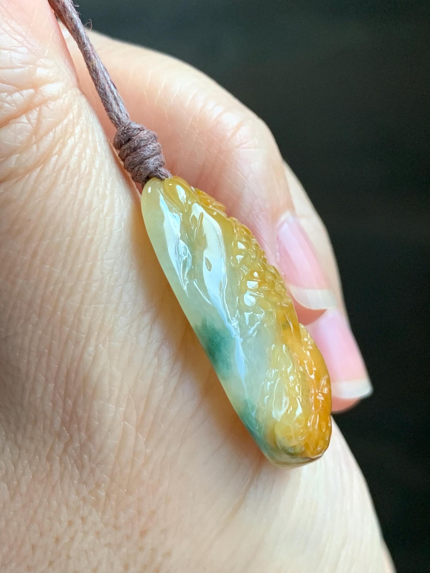 Natural Grade A Icy Translucent Bicolored Yellow & Green Jade Jadeite Shan Shui Nature Pendant Rope Necklace 25" 8g 天然冰黄飘绿花翡翠山水牌吊坠 SCH248