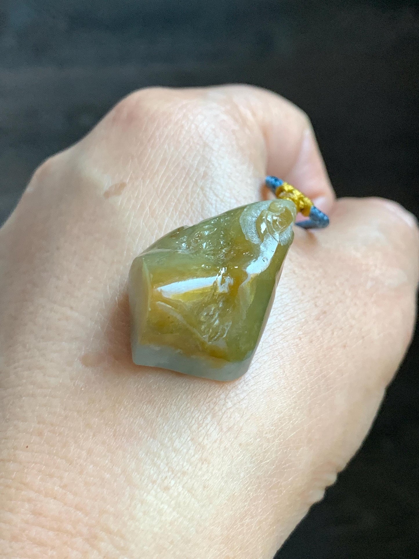 Natural Grade A Icy Translucent Bicolored Yellow & Purplish Blue Jade Jadeite Wu Dao Pendant Rope Necklace 24.5” 18g 天然冰黄蓝紫翡翠随形悟道吊坠 SCW220