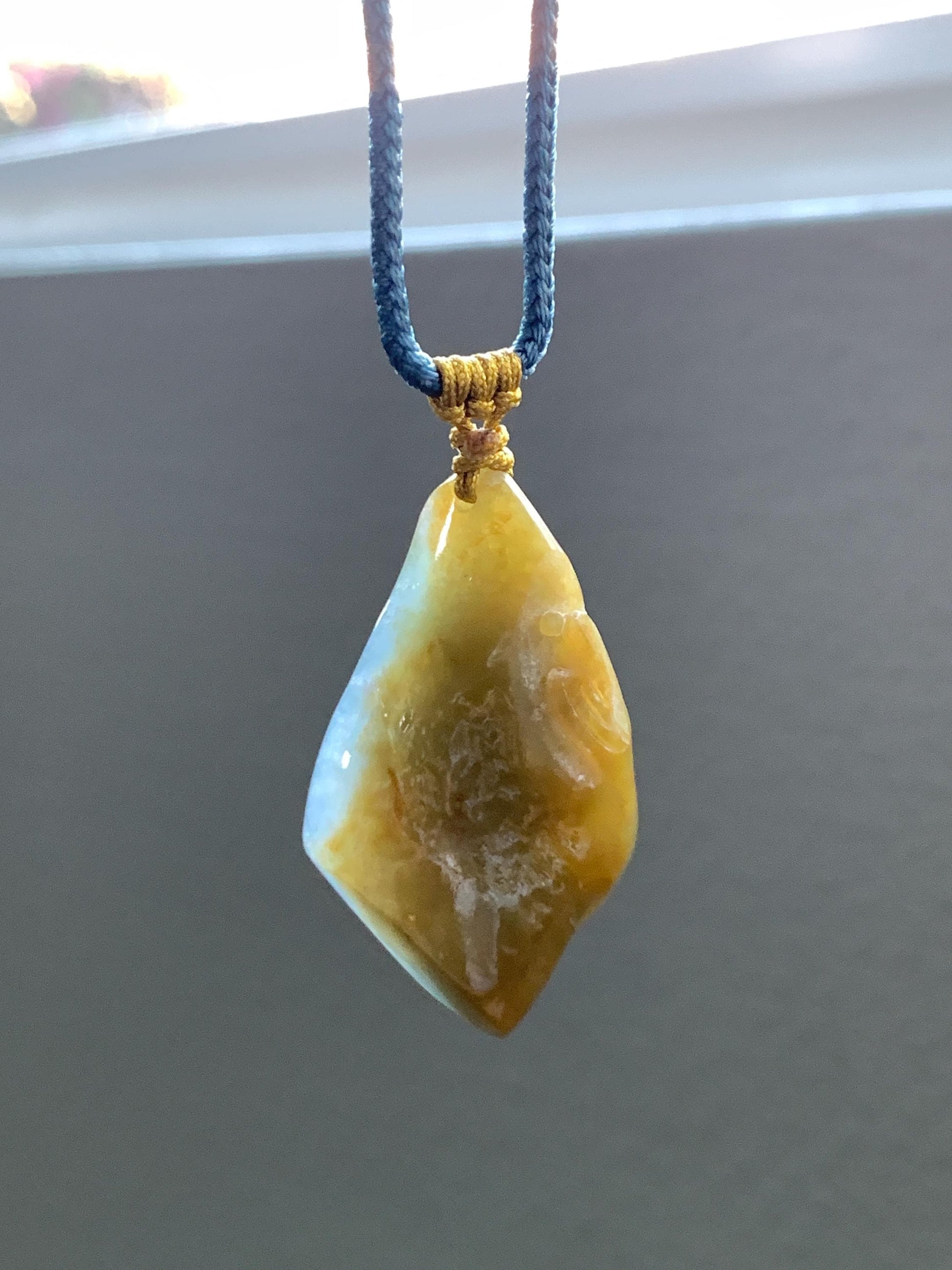 Natural Grade A Icy Translucent Bicolored Yellow & Purplish Blue Jade Jadeite Wu Dao Pendant Rope Necklace 24.5” 18g 天然冰黄蓝紫翡翠随形悟道吊坠 SCW220