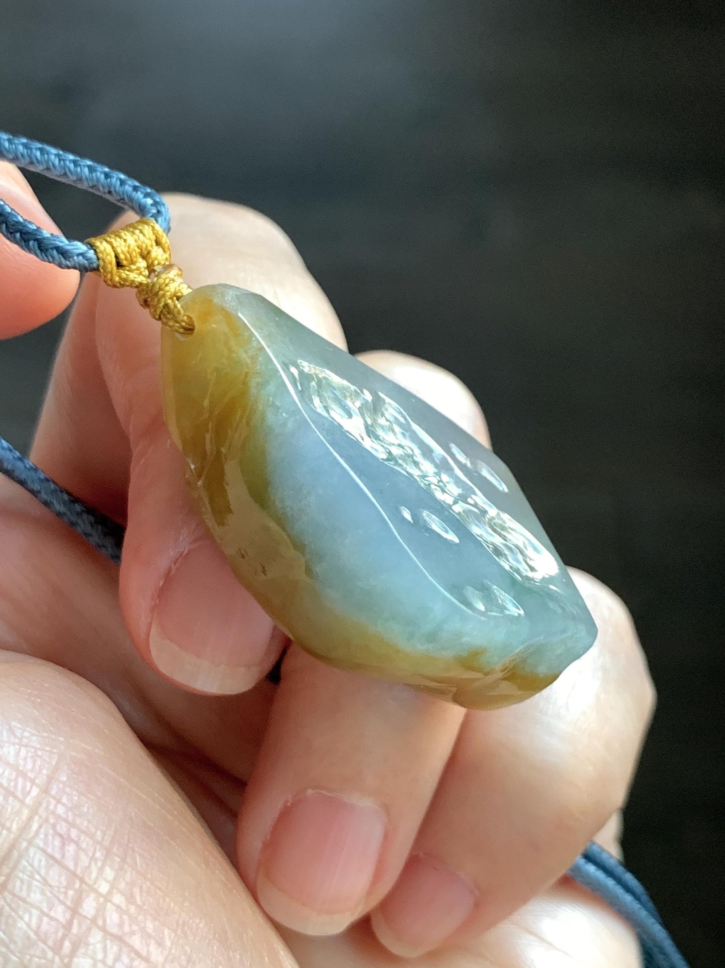 Natural Grade A Icy Translucent Bicolored Yellow & Purplish Blue Jade Jadeite Wu Dao Pendant Rope Necklace 24.5” 18g 天然冰黄蓝紫翡翠随形悟道吊坠 SCW220