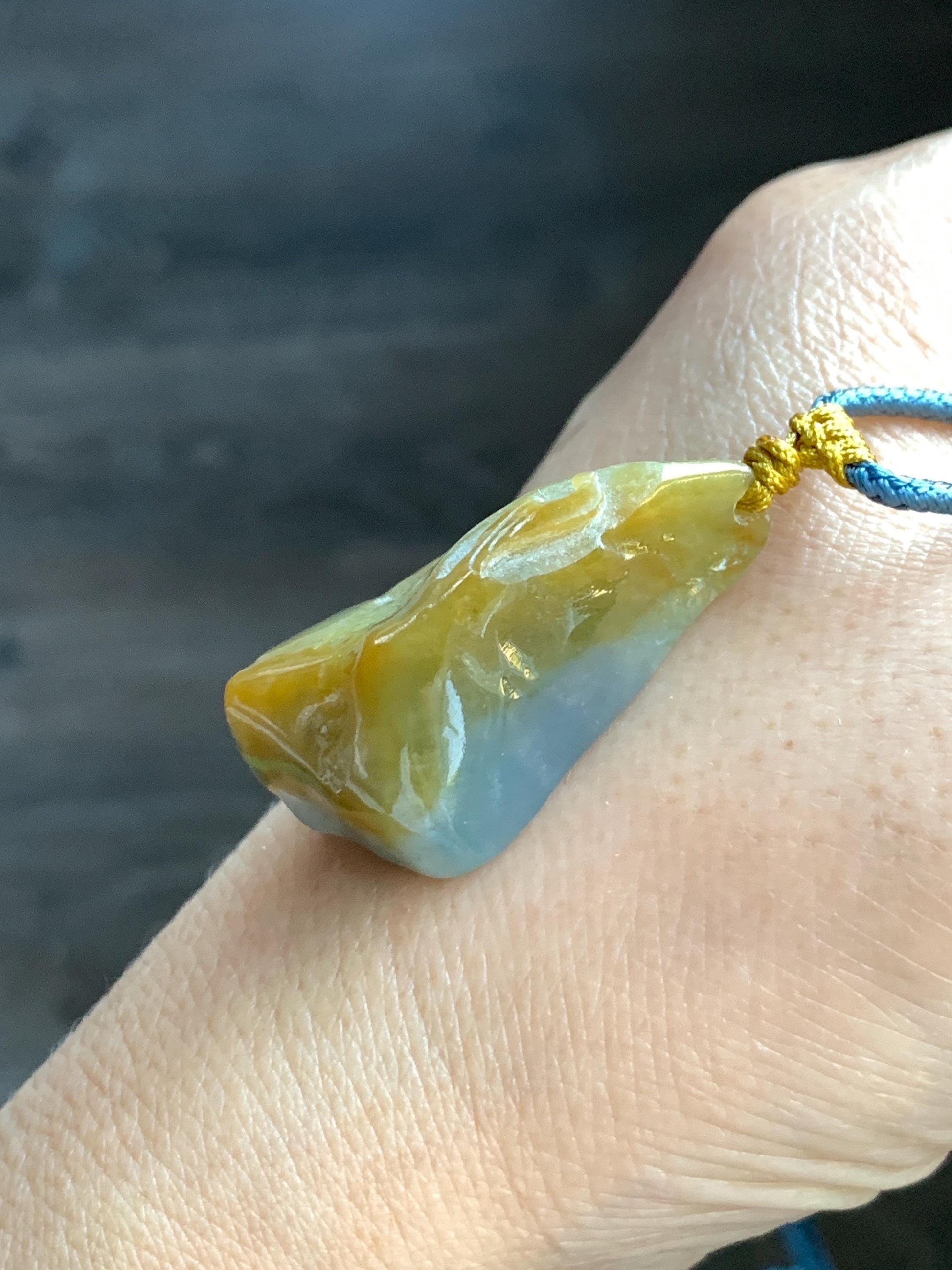 Natural Grade A Icy Translucent Bicolored Yellow & Purplish Blue Jade Jadeite Wu Dao Pendant Rope Necklace 24.5” 18g 天然冰黄蓝紫翡翠随形悟道吊坠 SCW220