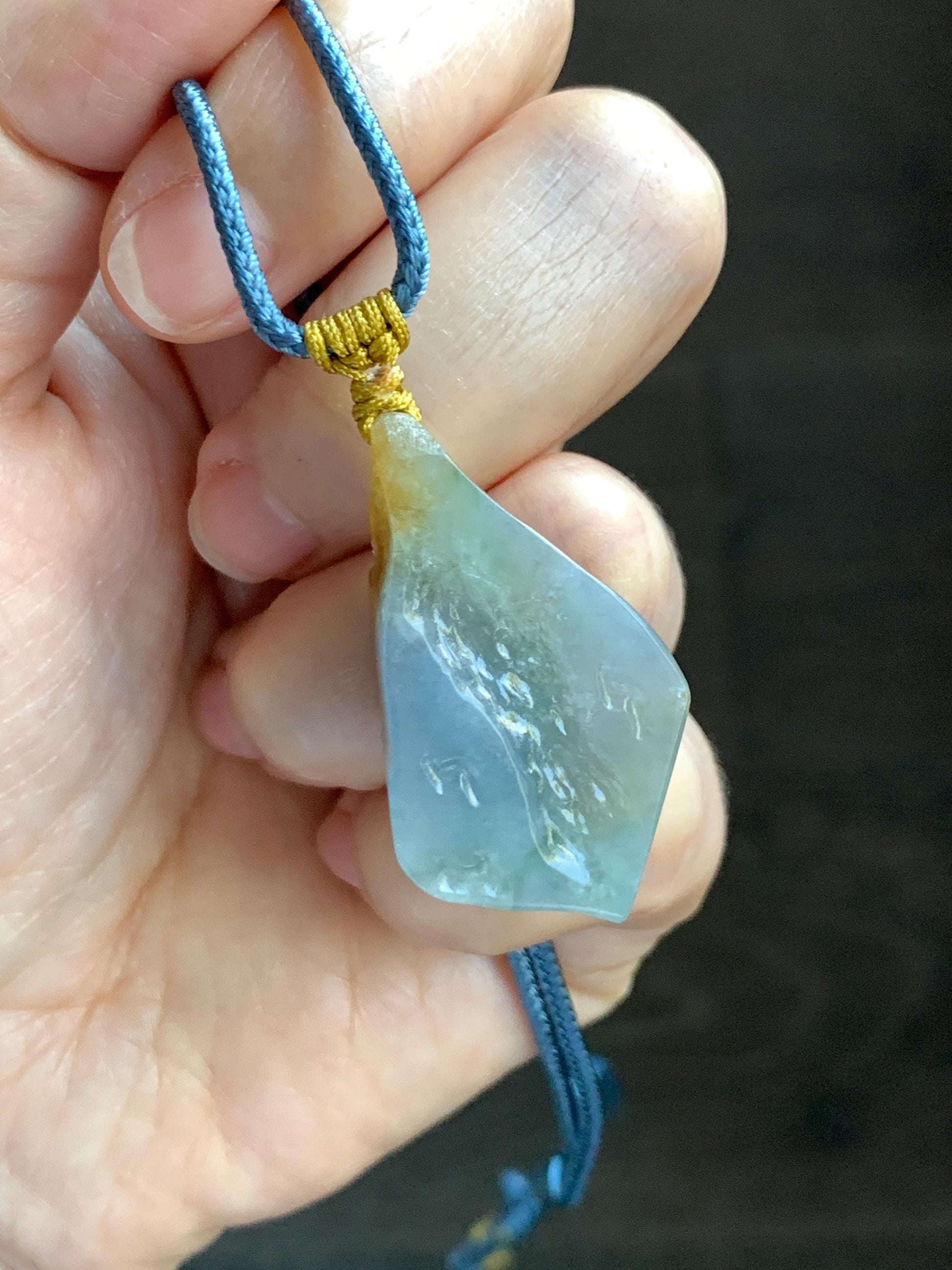 Natural Grade A Icy Translucent Bicolored Yellow & Purplish Blue Jade Jadeite Wu Dao Pendant Rope Necklace 24.5” 18g 天然冰黄蓝紫翡翠随形悟道吊坠 SCW220