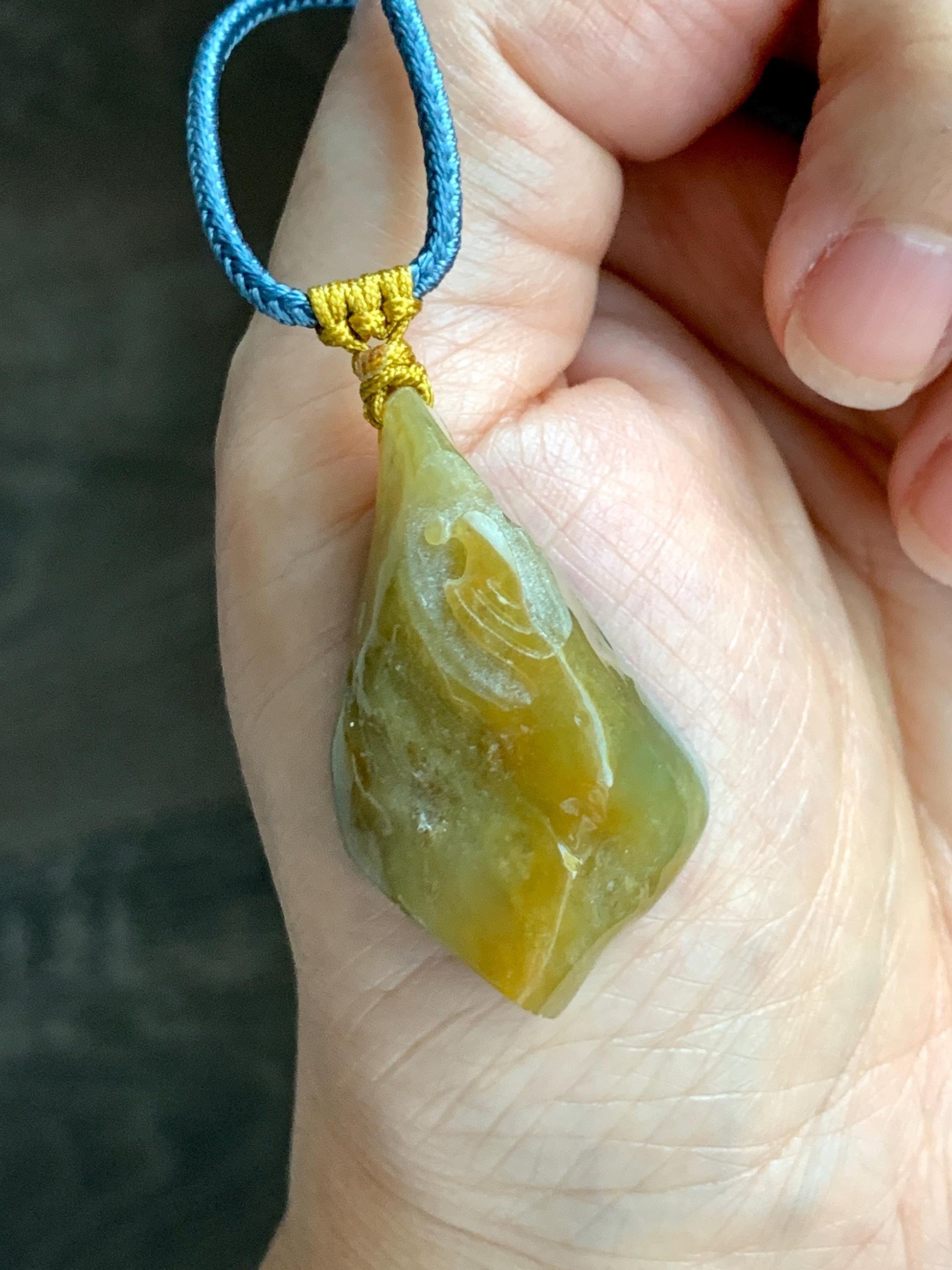 Natural Grade A Icy Translucent Bicolored Yellow & Purplish Blue Jade Jadeite Wu Dao Pendant Rope Necklace 24.5” 18g 天然冰黄蓝紫翡翠随形悟道吊坠 SCW220