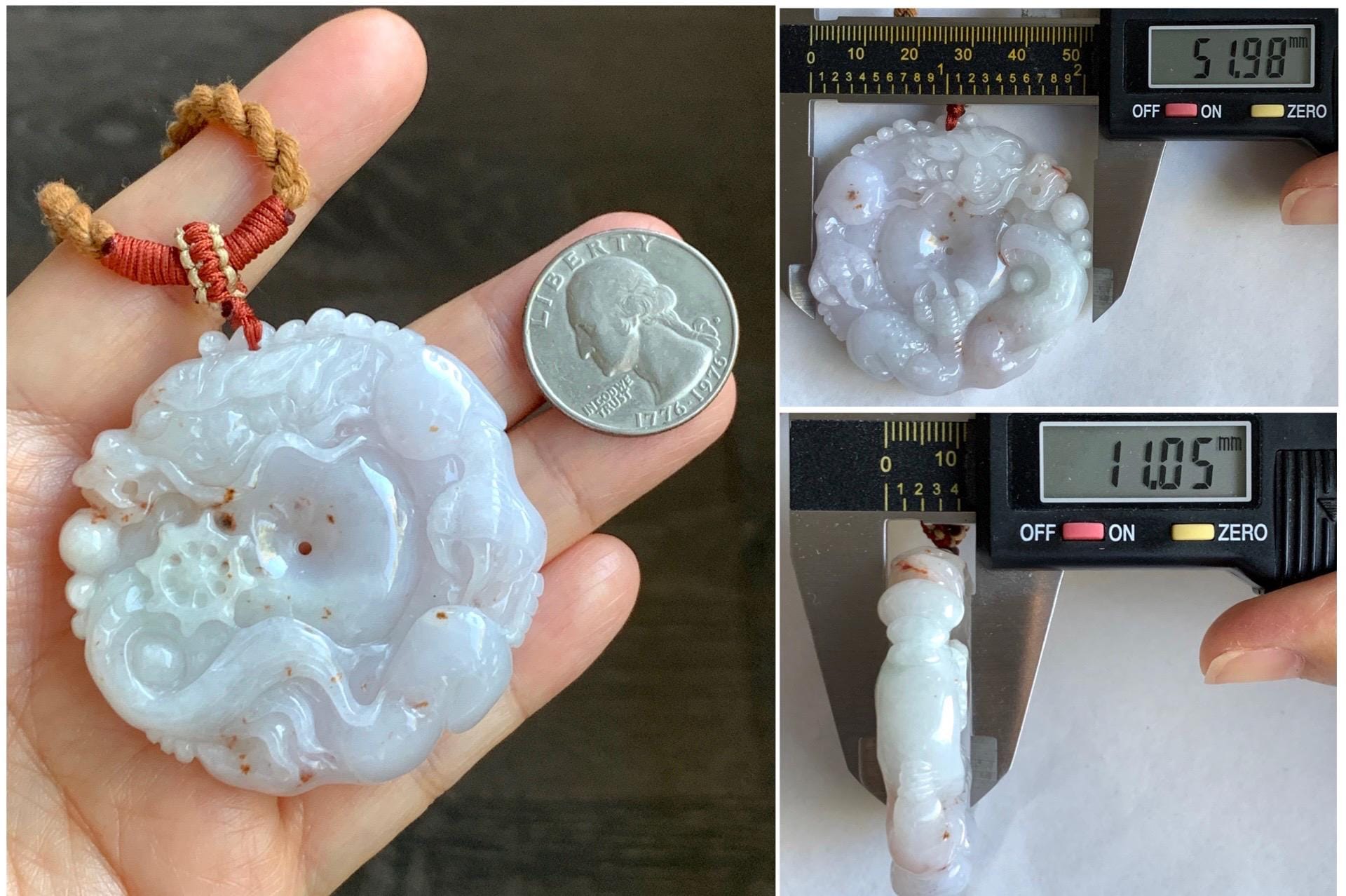 Natural Grade A Icy Translucent Pastel Purple Red Marbled Jadeite Carved Dragon Ping An Kou Donut Pendant Necklace 天然冰紫底撒金翡翠盘龙平安扣吊坠SML306