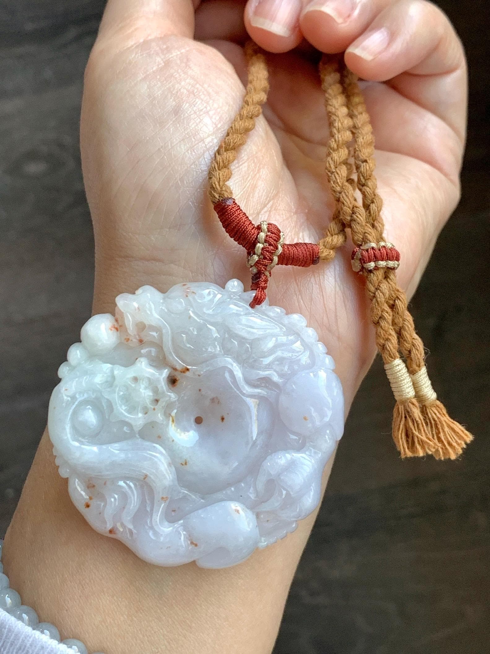 Natural Grade A Icy Translucent Pastel Purple Red Marbled Jadeite Carved Dragon Ping An Kou Donut Pendant Necklace 天然冰紫底撒金翡翠盘龙平安扣吊坠SML306